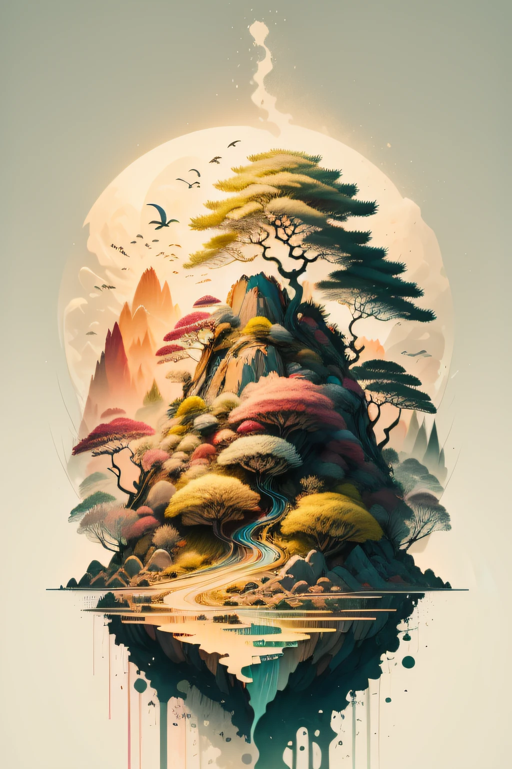 Create a surreal landscape with floating islands and colorful trees