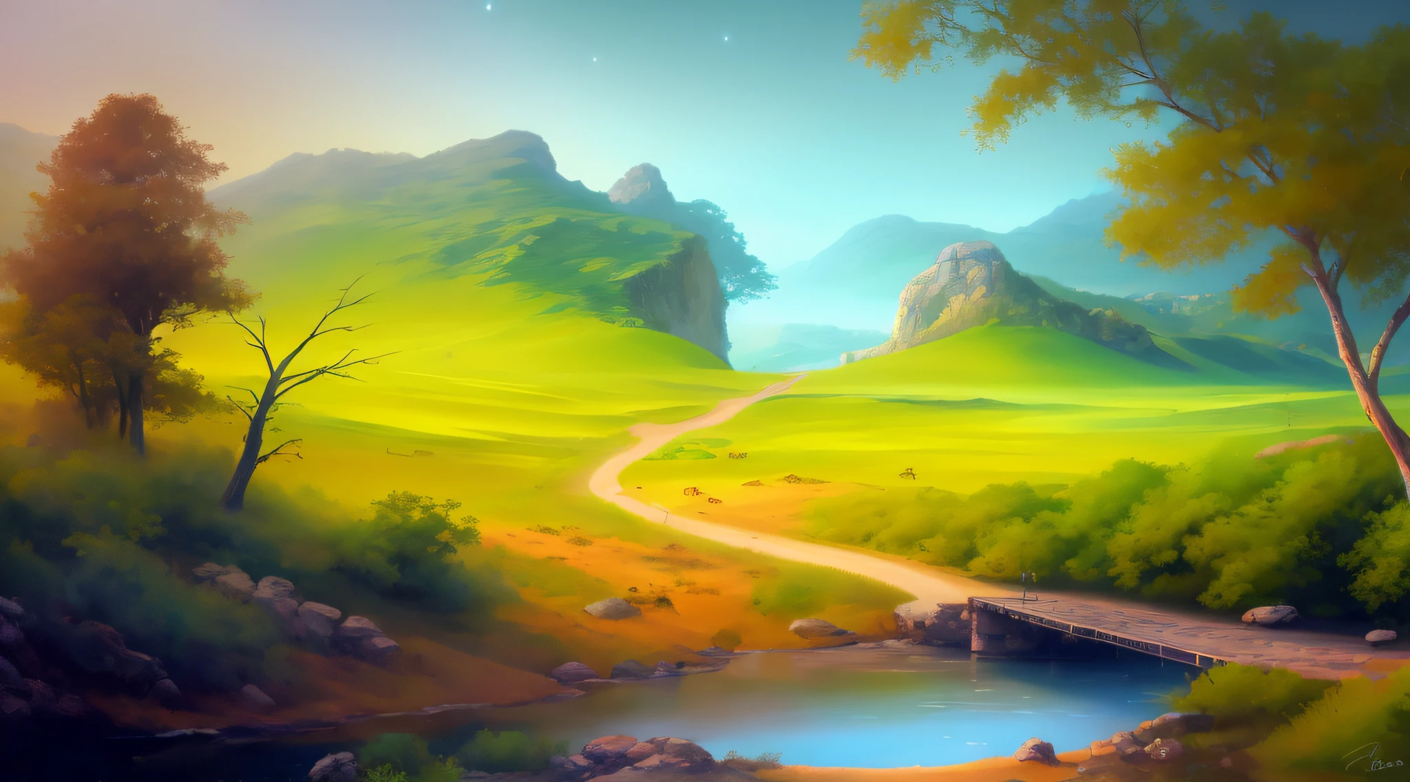 pintura de uma paisagem de montanha com um riacho e uma ponte, papel de parede de paisagem, Pintura digital 4k, Arte bonita UHD 4K, Pintura digital 4K, Pintura digital fosca 4K HD, arte de fundo, Pintura Digital HD, Pintura Digital HDR, pintura digital bonita, Pintura digital de fantasia, 8k resolution digital painting, 8k resolution digital painting, paisagem de sonho