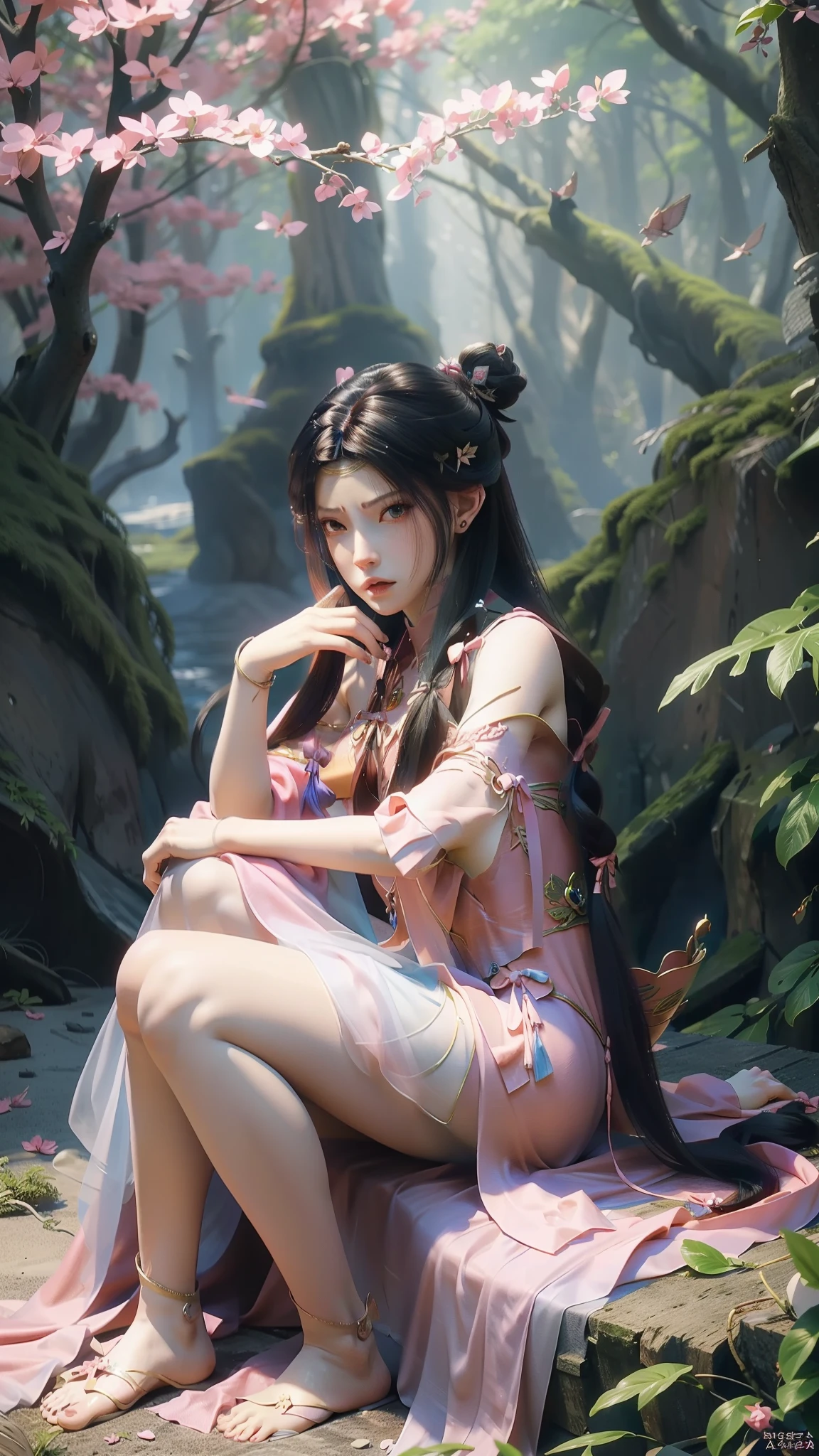 Dressed in pink and blue, Arapei sits on a pink blanket, concept-art：Hero, Trend of CGsociety, Fantasy art, Guviz-style artwork, Guviz, Smooth anime CG art, Keqing from Genshin Impact, Ruan Jia and Artgerm, full-body xianxia, flowing magical robe