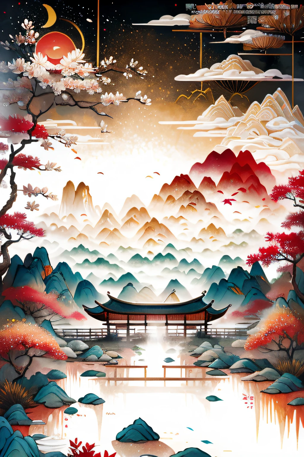 There is a painting of a boat on the water with mountains in the background, scenery artwork, scenery art detailed, a beautiful artwork illustration, Paisagem chinesa, Arte bonita UHD 4K, detailed scenery—width 672, japanese style painting, Estilo de aquarela chinesa, Paisagem japonesa, chinese style painting, Estilo de pintura chinesa, japanese art style, pintura detalhada 4K