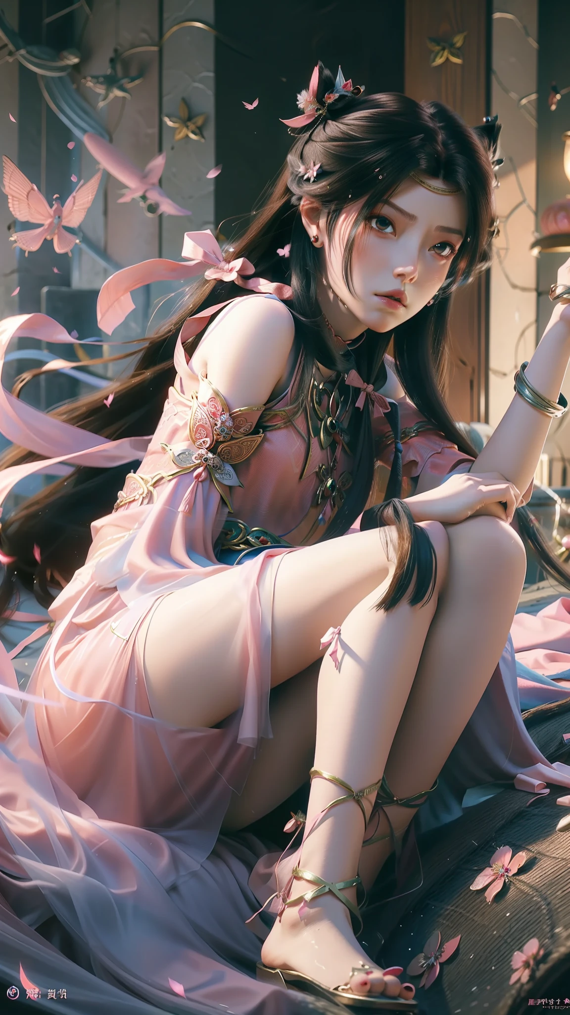 Dressed in pink and blue, Arapei sits on a pink blanket, concept-art：Hero, Trend of CGsociety, Fantasy art, Guviz-style artwork, Guviz, Smooth anime CG art, Keqing from Genshin Impact, Ruan Jia and Artgerm, full-body xianxia, flowing magical robe