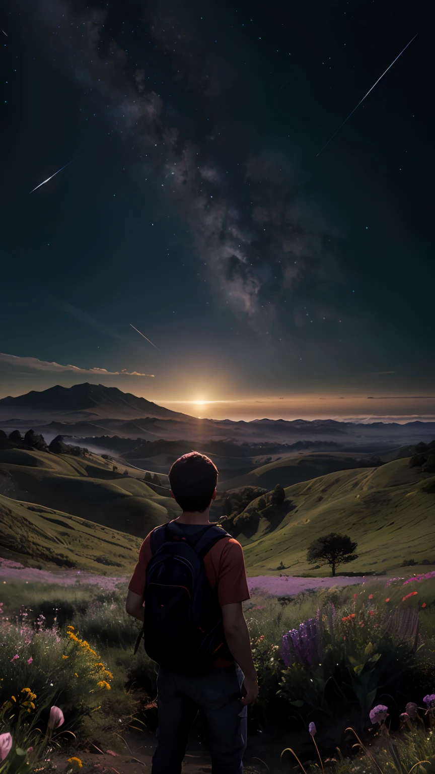 Expansive landscape photography，（a bottom view showing the sky above and open country below），A boy stands in a field of flowers looking up，（moon full：1.4），（meteors：0.9），（Starcloud：1.3），mountain in the distance，tree-breaking production art，（Warm light source：1.2），（glowworm：1.2），Lots of purple and orange，Complicated details，Volumetriclighting，BREAK realism（tmasterpiece： 1.2） ， （best qualtiy）， 4K， ultra - detailed， （Dynamic synthesis： 1.4）， highly  detailed， Colorful detailed， （Irridescent color： 1.2）， （Bright lighting， Atmospheric lighting）， dream magical， magic， （独奏： 1.2）