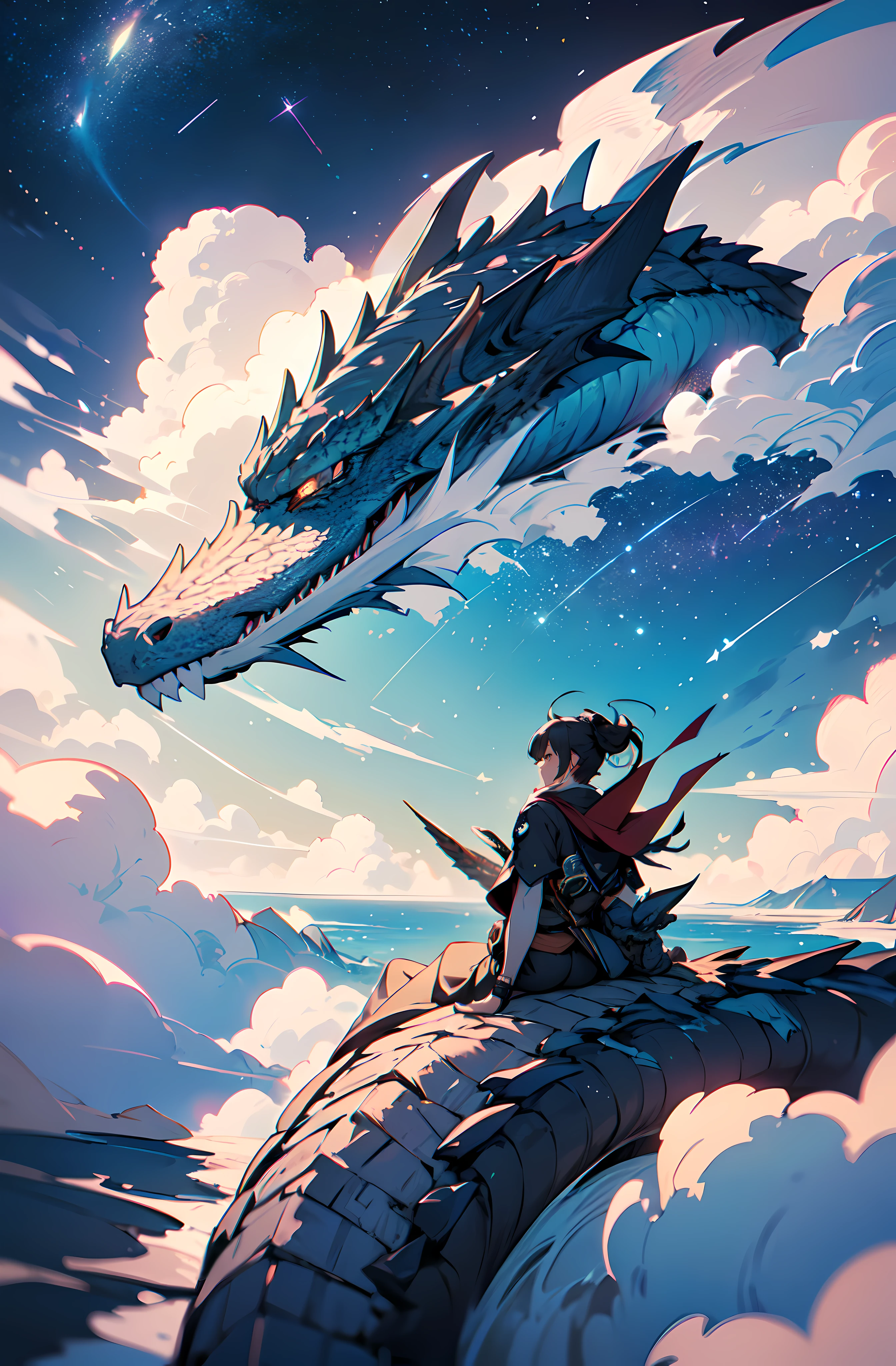 (Dramatic Masterpiece),(Best Quality),(Ultra fine details),8k,(a dragon sleeps on the clouds beneath a sea of stars in the night sky.)cinematic lighting,Rendered by octane,(wlop and ross tran)