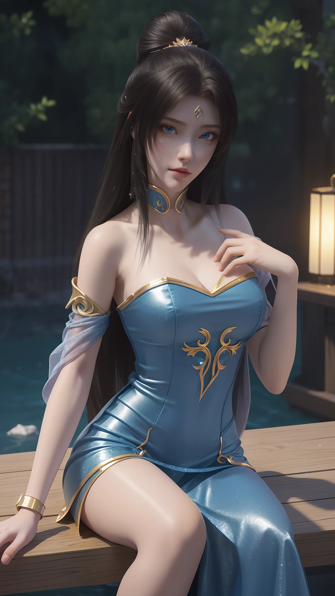 The Arad woman in a blue dress sits at the table, closeup fantasy with water magic, 2. 5 D CGI anime fantasy artwork, Anime fantasy illustration, Detailed digital anime art, beautiful fantasy anime, Smooth anime CG art, Anime fantasy artwork, 8K high quality detailed art, Realistic anime 3 D style, ultra detailed water, beautiful and seductive anime woman