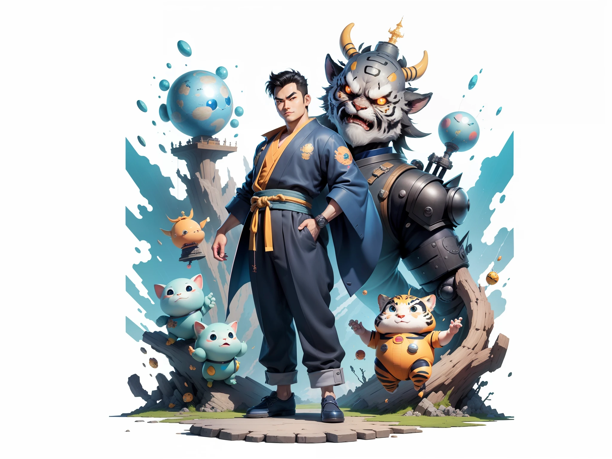 (Masterpiece), (Excellent), (Super Meticulous), (Full Body: 1.2), Super Young Man, Oriental Face, Japanese Kimono, Japanese Wind Thunder God, Dragon, Tiger, TV Anchor, Bust Portrait Illustration, Alone, Black Suit, Blue Tie, Slightly Chubby Face, Very Clean Face, No Beard, Black Super Short Hair, Black Eyes, Confident Smile, 3c Computer Sub-Products, iPad, iPhone, Digital Painting, 3D Character Design by Akira Toriyama and Mark Claireden and Pixar and Hayao Miyazaki, The illustration is a high-definition illustration in 4K resolution with very detailed facial features and cartoon-style visuals.