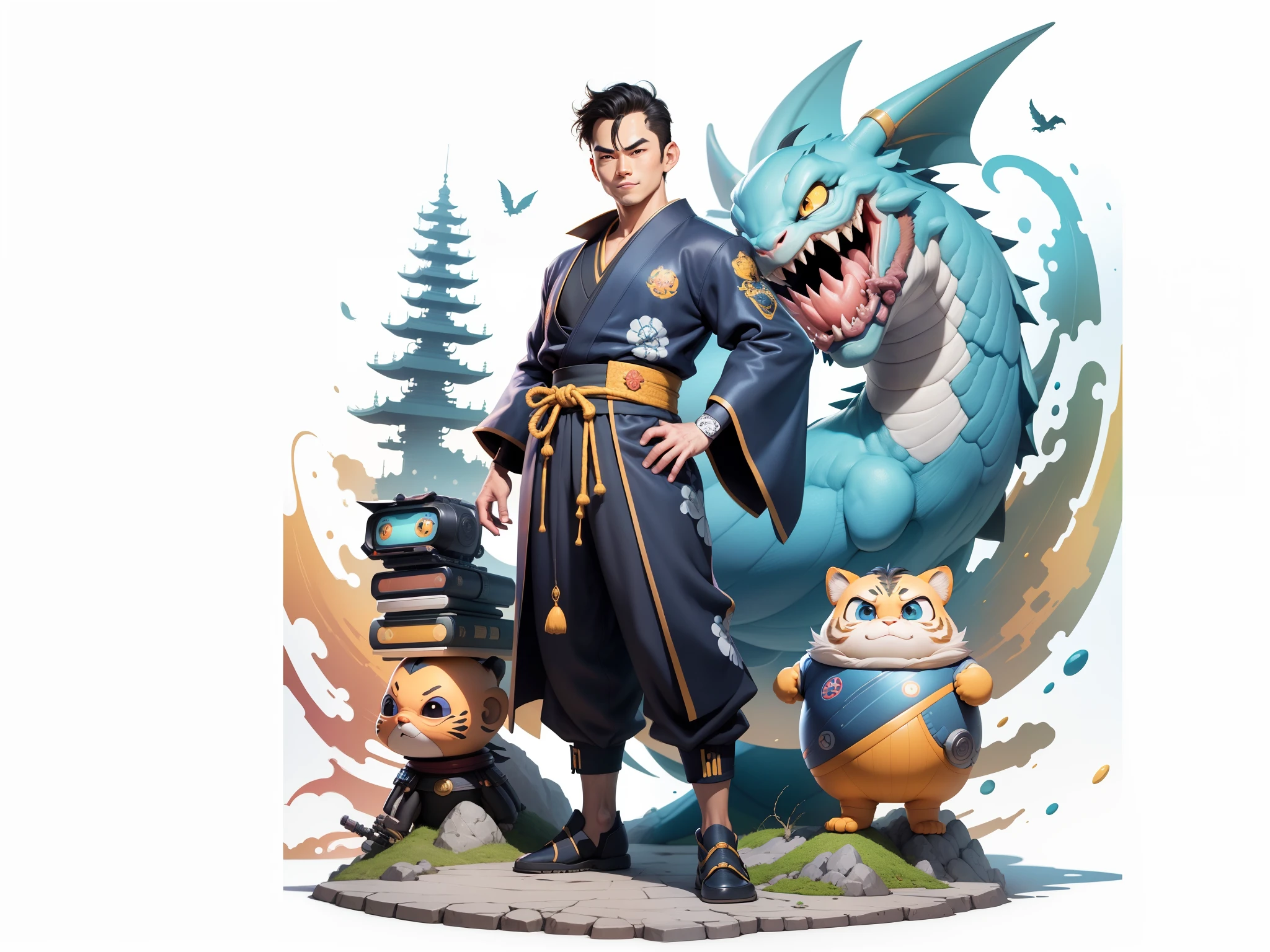 (Masterpiece), (Excellent), (Super Meticulous), (Full Body: 1.2), Super Young Man, Oriental Face, Japanese Kimono, Japanese Wind Thunder God, Dragon, Tiger, TV Anchor, Bust Portrait Illustration, Alone, Black Suit, Blue Tie, Slightly Chubby Face, Very Clean Face, No Beard, Black Super Short Hair, Black Eyes, Confident Smile, 3c Computer Sub-Products, iPad, iPhone, Digital Painting, 3D Character Design by Akira Toriyama and Mark Claireden and Pixar and Hayao Miyazaki, The illustration is a high-definition illustration in 4K resolution with very detailed facial features and cartoon-style visuals.