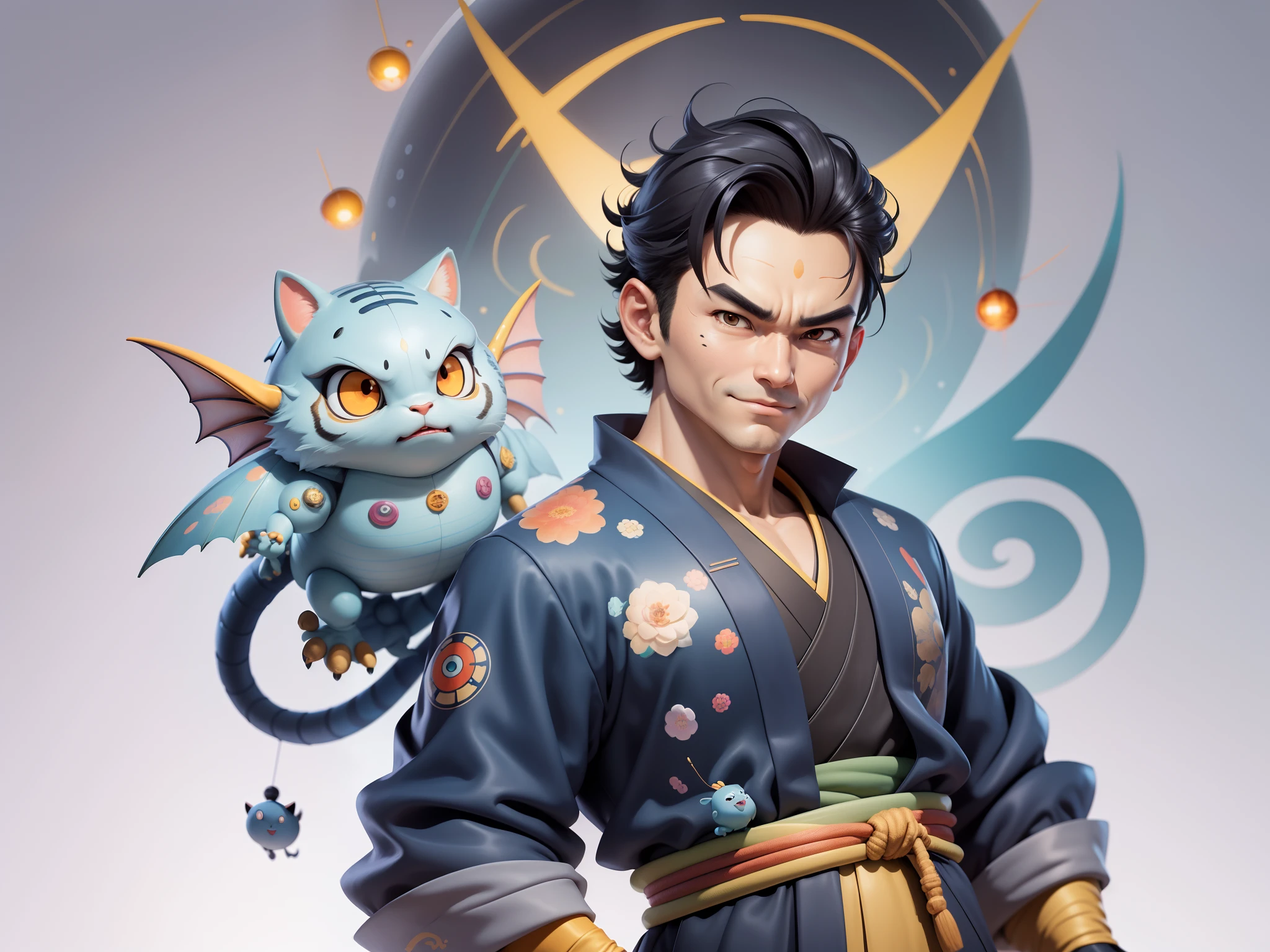 (Masterpiece), (Excellent), (Super Meticulous), (Full Body: 1.2), Super Young Man, Oriental Face, Japanese Kimono, Japanese Wind Thunder God, Dragon, Tiger, TV Anchor, Bust Portrait Illustration, Alone, Black Suit, Blue Tie, Slightly Chubby Face, Very Clean Face, No Beard, Black Super Short Hair, Black Eyes, Confident Smile, 3c Computer Sub-Products, iPad, iPhone, Digital Painting, 3D Character Design by Akira Toriyama and Mark Claireden and Pixar and Hayao Miyazaki, The illustration is a high-definition illustration in 4K resolution with very detailed facial features and cartoon-style visuals.