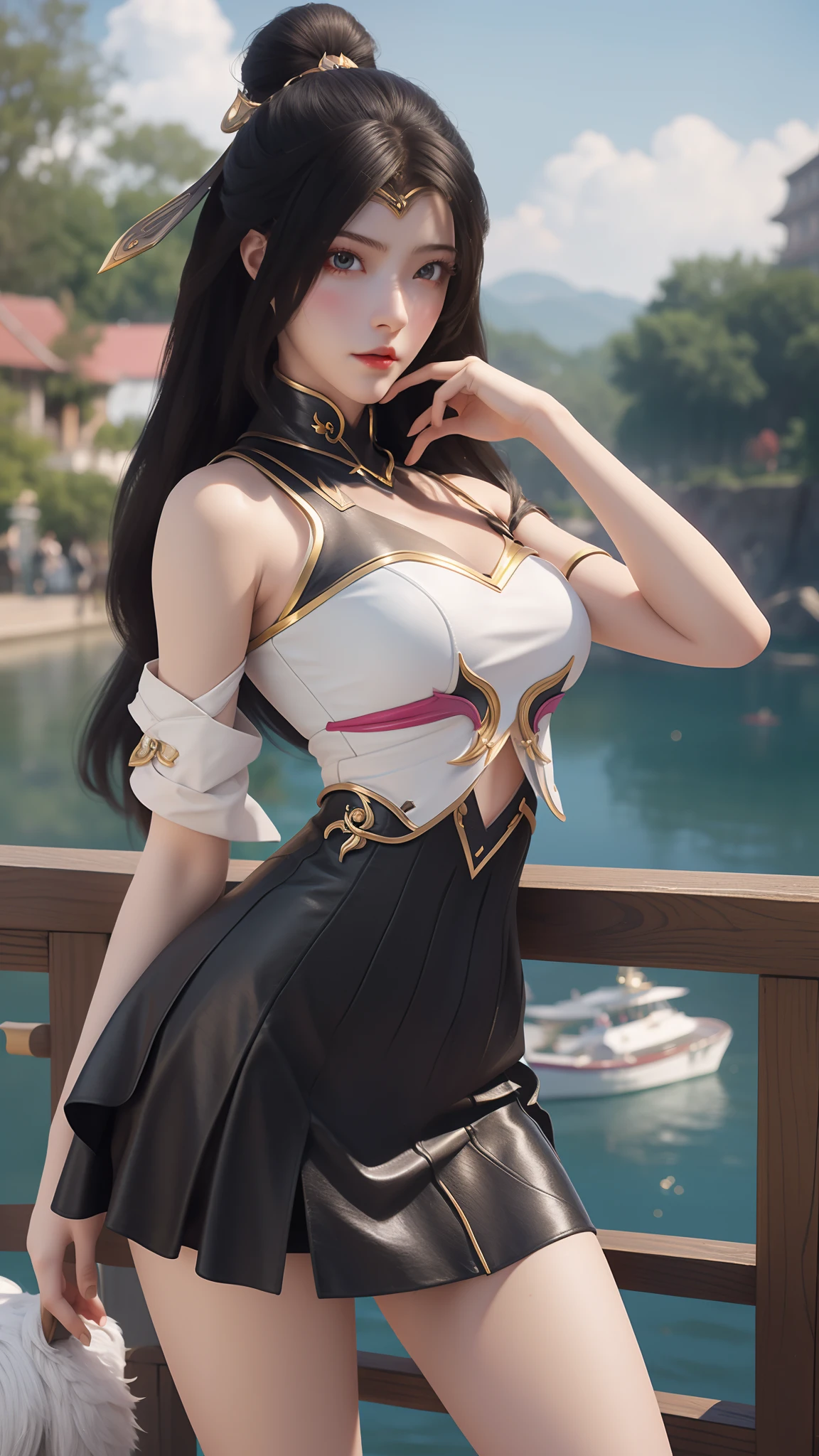  girl 21-year-old Hairstyle Casual, F Cup Breasts wearing summer dress  at beach and relaxing 