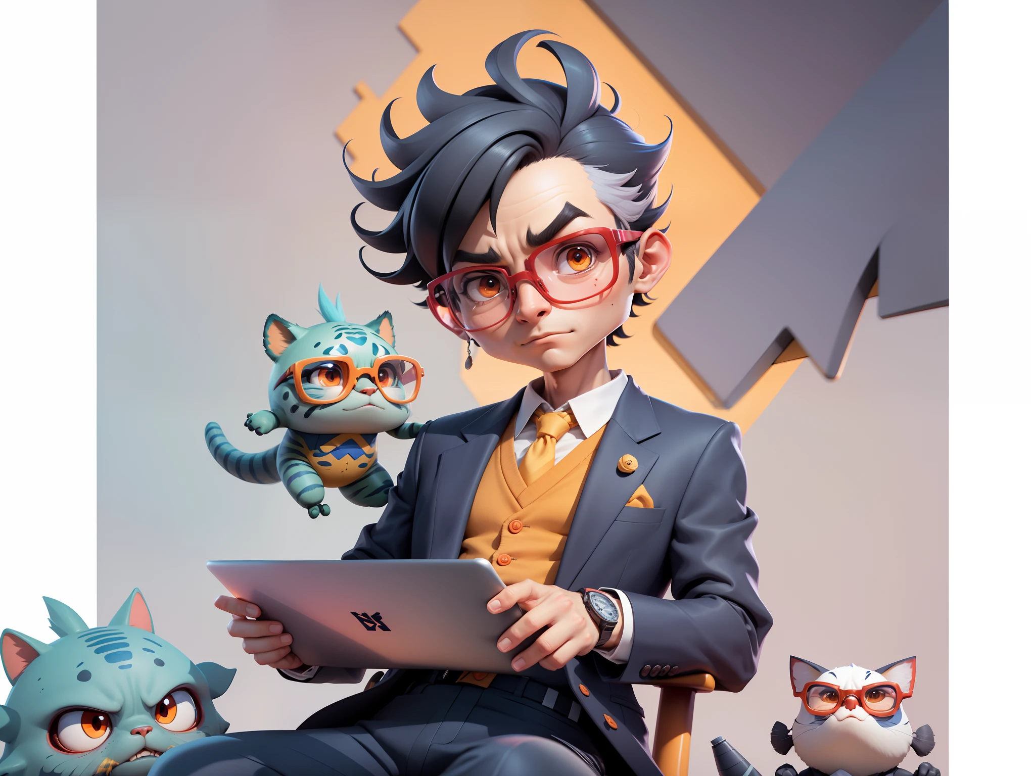 A young man in a suit, Short hair and glasses sat at his desk，holding laptop，digitial painting，tigre，3D character design by Mark Clairen and Pixar and Hayao Miyazaki and Akira Toriyama，4K HD illustration，Very detailed facial features and cartoon-style visuals。
