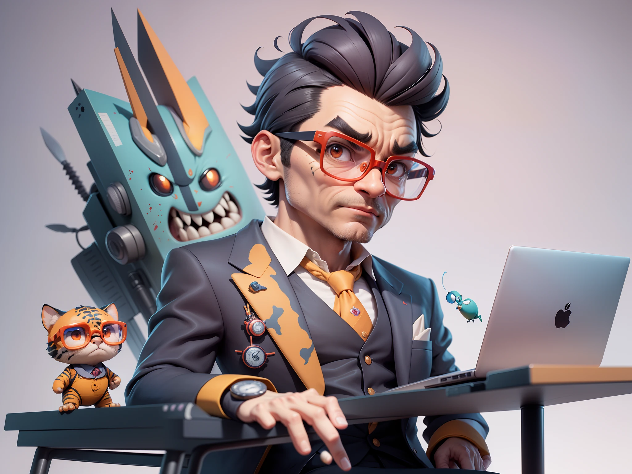 A young man in a suit, Short hair and glasses sat at his desk,holding laptop,digitial painting,tigre,3D character design by Mark Clairen and Pixar and Hayao Miyazaki and Akira Toriyama,4K HD illustration,Very detailed facial features and cartoon-style visuals。