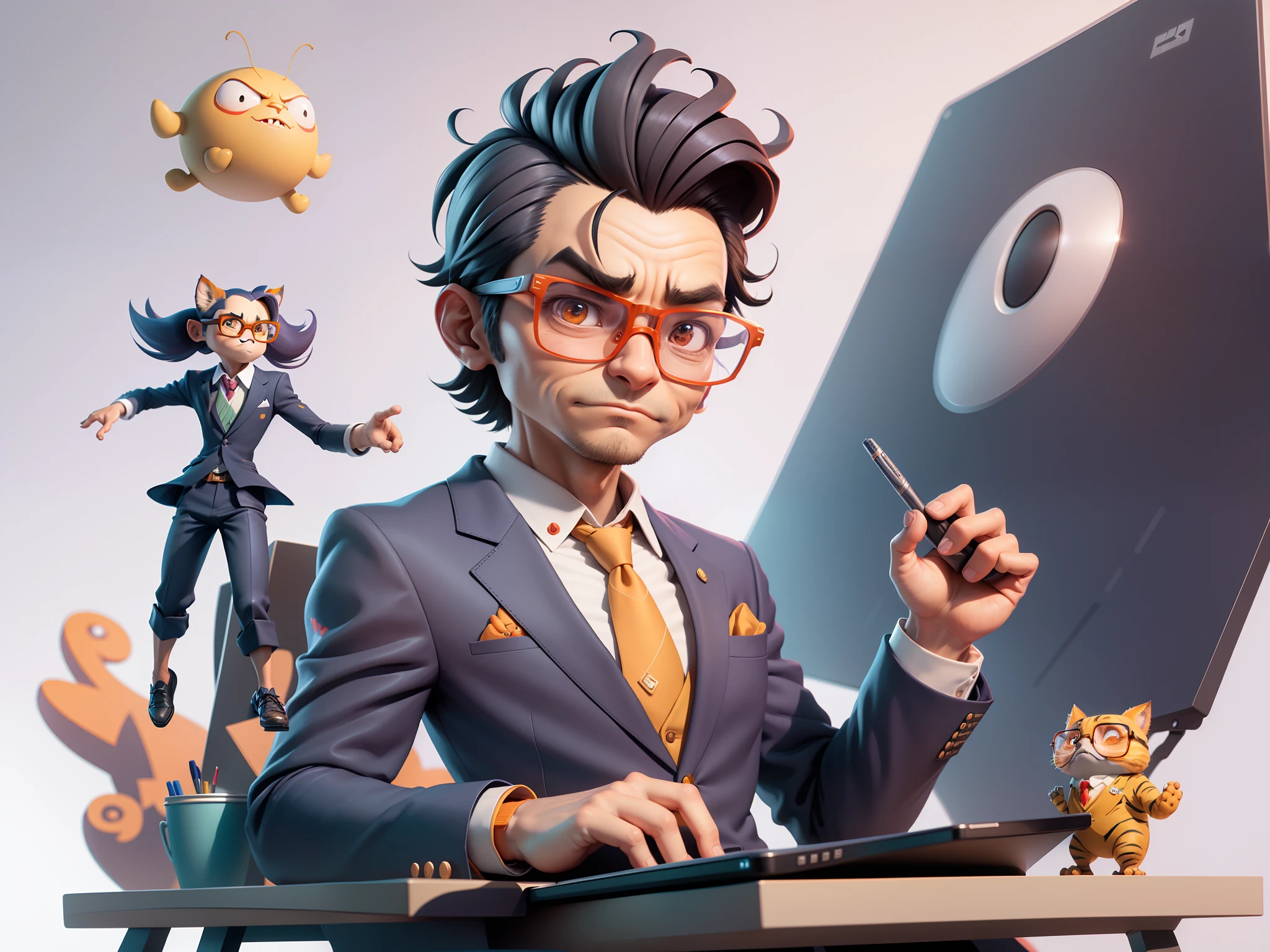 A young man in a suit, Short hair and glasses sat at his desk,holding laptop,digitial painting,tigre,3D character design by Mark Clairen and Pixar and Hayao Miyazaki and Akira Toriyama,4K HD illustration,Very detailed facial features and cartoon-style visuals。