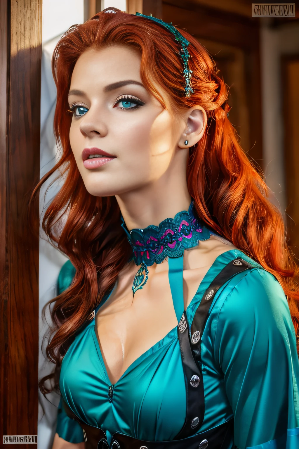 absurdres, foto RAW, mais alta qualidade, (obra-prima: 1.3), foto de cor RAW de alto detalhe, foto profissional, unidade de papel de parede CG 8k extremamente detalhada, foto-realista, realista, foto RAW, obra-prima, melhor qualidade, highres, illustration, 1girl, , baixinha, tiny girl, magra, branca, ruiva, cabelo vermelho, cabelo ruivo com cachos, cabelo ondulado, curly hair, Average length, pernas finas, rosto lindo perfeito com sardas, cardune lips, belos olhos realistas, olho direito verde, olho esquerdo azul, heterocromia, pale skin, textura de pele detalhada, seios planos, bunda pequena. Rosas vermelhas tatuadas nos ombros. Ruiva. Sorriso. Saindo do banho. Suada. Fazendo sexo oral. Estilo bruxa. Pagan style, Celtic, wiccan. Escocesa. She looks amazing. (vestido azul turquesa, espartilho, pentagram collar on neck, design detalhado), casa, noite.