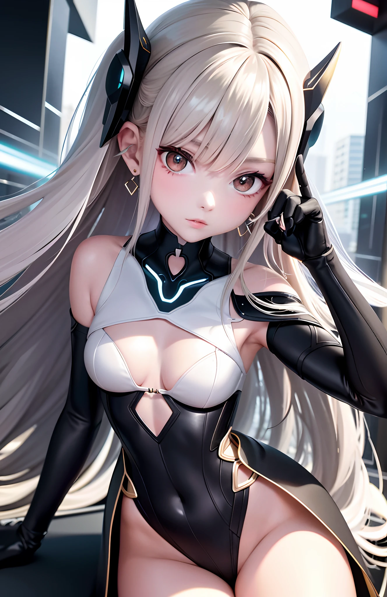 optimum，tmasterpiece，A high resolution，best qualtiy，hyper HD，super detailing，Award-Awarded，16k，独奏，（The upper part of the body），anatomy correct，Beautiful cyberpunk girl，Ex Machina，cute  face，high light，Gradient Beige Hair，Hairline，（（Scarlet eyes）），long eyelasher，Hanging eye corners，White skin of the，（small boobs），（Slim body），（（shoulder_cape）），（（high-waist_Skirt）），（），ear studs，（neck rings），（Laser material clothing：1.2）
