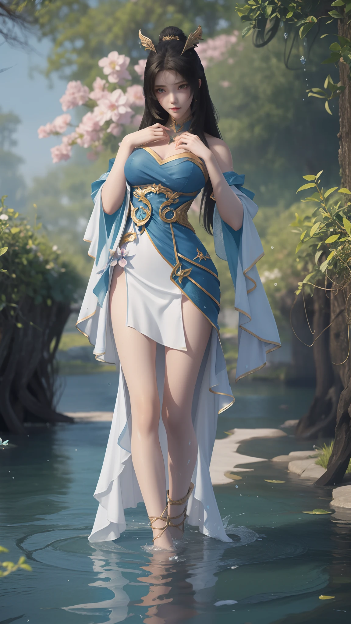 Arapei in a blue and white dress stood in the water, Anime girl walking on water, closeup fantasy with water magic, azur lane style, trending on cgstation, Anime girl cosplay, seraphine ahri kda, Splash art anime Loli, trending at cgstation, realistic water, water fairy, WLOP and Sakimichan