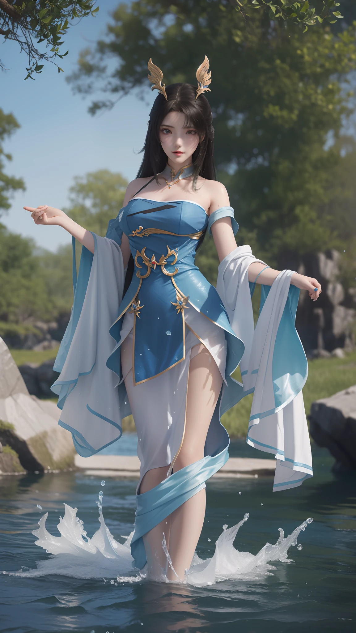 Arapei in a blue and white dress stood in the water, Anime girl walking on water, closeup fantasy with water magic, azur lane style, trending on cgstation, Anime girl cosplay, seraphine ahri kda, Splash art anime Loli, trending at cgstation, realistic water, water fairy, WLOP and Sakimichan