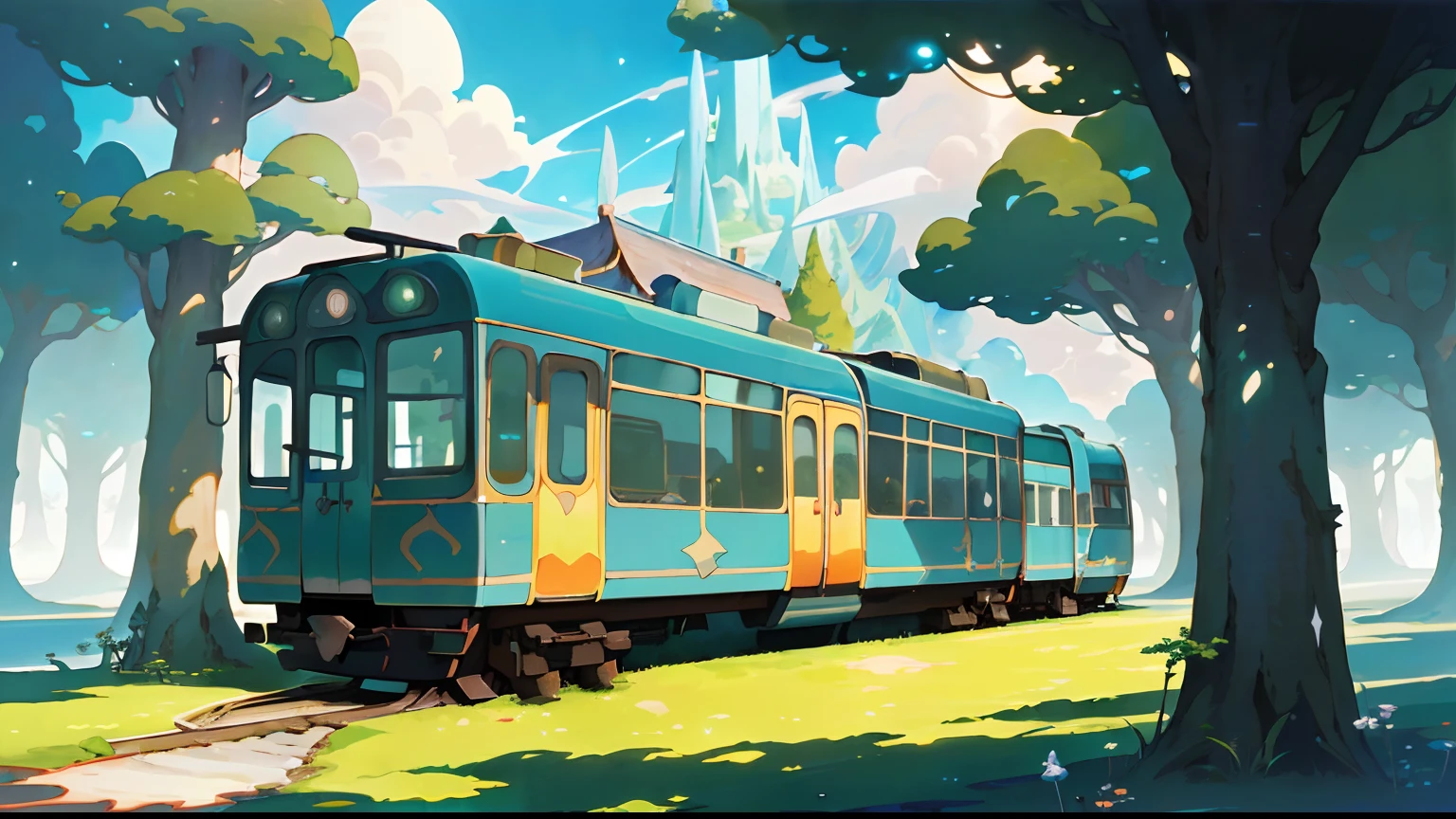 whimsical, "adventures in the land between dimensions", cel shading, (masterpiece), (best_quality), (illustration), anime movie background, official art, interesting location design, a (Selkiecore:1.3) (train:1.3), a utopian digital painting[, trending on artstation::0.4], absurdres