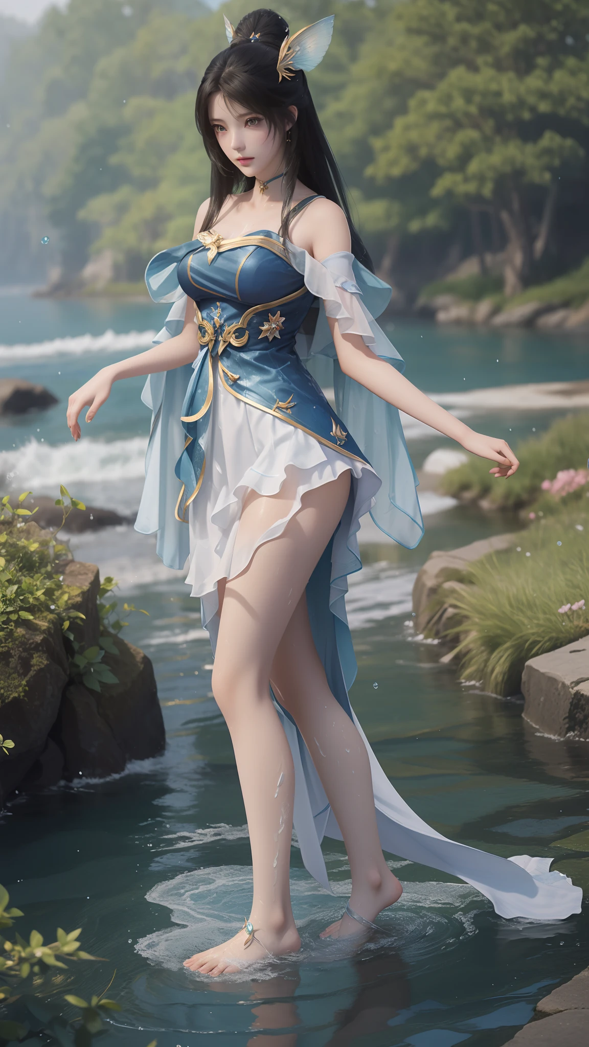 Arapei in a blue and white dress stood in the water, Anime girl walking on water, closeup fantasy with water magic, azur lane style, trending on cgstation, Anime girl cosplay, seraphine ahri kda, Splash art anime , trending at cgstation, realistic water, water fairy, WLOP and Sakimichan