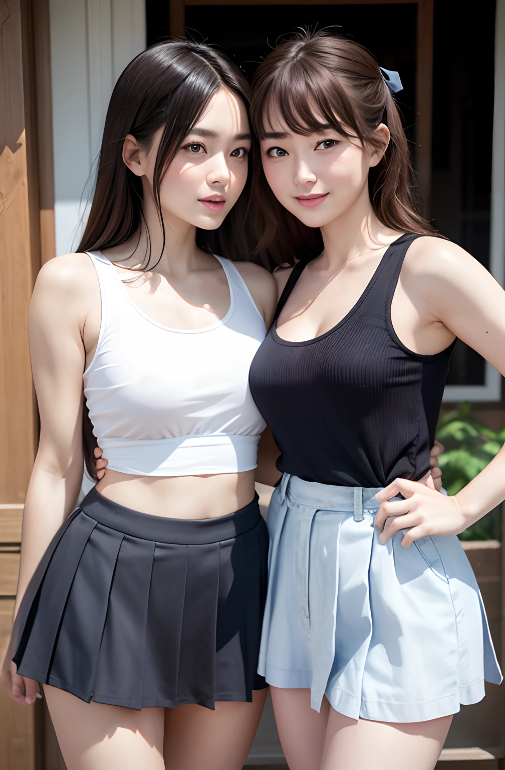 Two high school girls who came to visit Tokyo in the middle of summer, face upbeat by heat, sweaty, loose white tank top, no bra, sheer nipple, shorts, friendly atmosphere, street