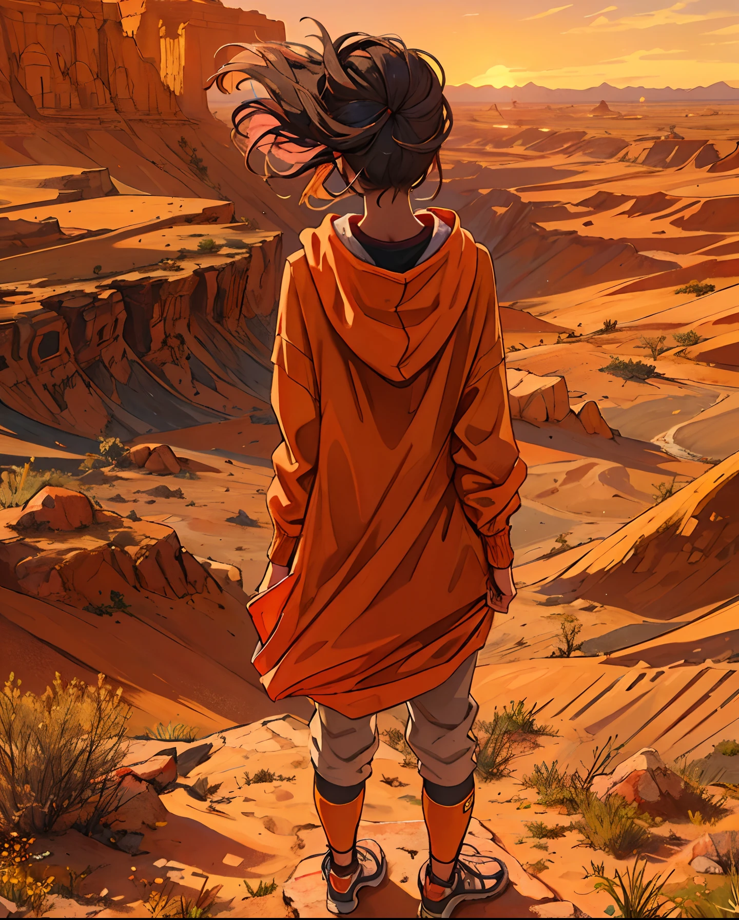 Discover a unique perspective where a young girl wears a casual shirt paired with a hoodie and leggings, seen from an upside-down viewpoint. She's standing on the edge of a towering cliff overlooking a vast, otherworldly desert. The horizon is painted in shades of deep oranges and reds as the sun sets, casting a warm glow across the sand dunes and rocky formations. The wind tousles the girl's hair, imbuing the scene with a sense of both solitude and grandeur. The mood is contemplative and adventurous, evoking thoughts of exploration and self-discovery. The chosen style is a detailed digital artwork with intricate textures and meticulous attention to the girl's clothing and the rugged landscape