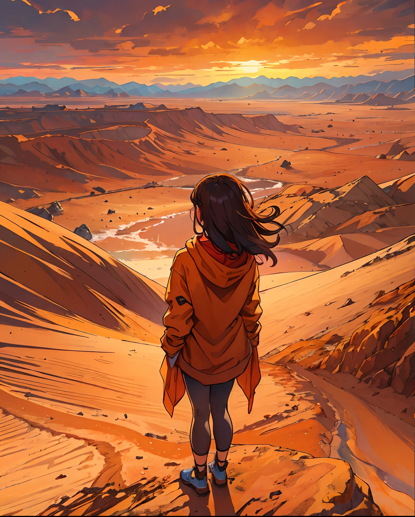 Discover a unique perspective where a young girl wears a casual shirt paired with a hoodie and leggings, seen from an upside-down viewpoint. She's standing on the edge of a towering cliff overlooking a vast, otherworldly desert. The horizon is painted in shades of deep oranges and reds as the sun sets, casting a warm glow across the sand dunes and rocky formations. The wind tousles the girl's hair, imbuing the scene with a sense of both solitude and grandeur. The mood is contemplative and adventurous, evoking thoughts of exploration and self-discovery. The chosen style is a detailed digital artwork with intricate textures and meticulous attention to the girl's clothing and the rugged landscape