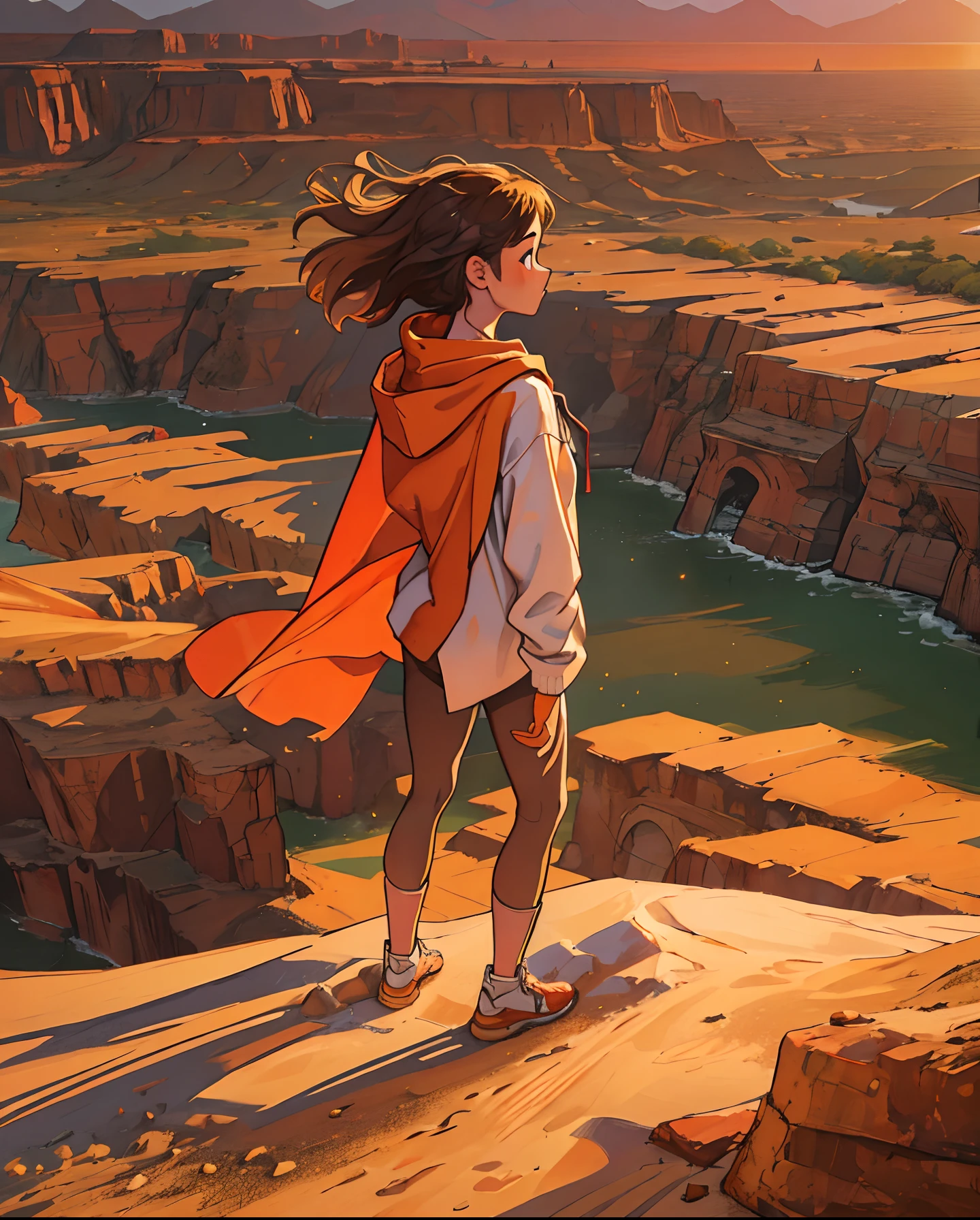Discover a unique perspective where a young girl wears a casual shirt paired with a hoodie and leggings, seen from an upside-down viewpoint. She's standing on the edge of a towering cliff overlooking a vast, otherworldly desert. The horizon is painted in shades of deep oranges and reds as the sun sets, casting a warm glow across the sand dunes and rocky formations. The wind tousles the girl's hair, imbuing the scene with a sense of both solitude and grandeur. The mood is contemplative and adventurous, evoking thoughts of exploration and self-discovery. The chosen style is a detailed digital artwork with intricate textures and meticulous attention to the girl's clothing and the rugged landscape