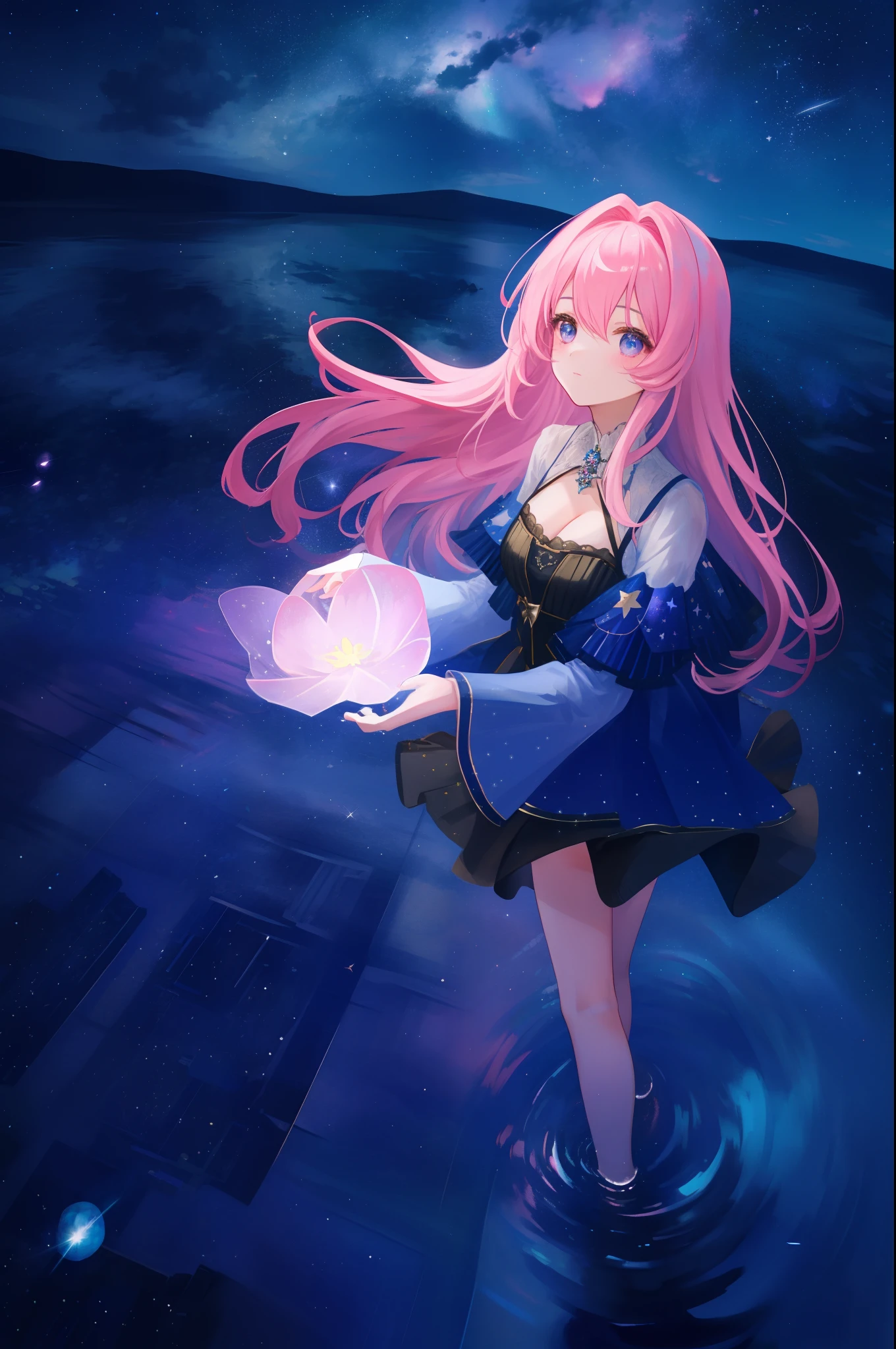 under the starry night sky，Meteors streak across，A beautiful girl looks up at the stars，Pink Long Hair，[，8K，Cleavage is seductive，Misty，（rays of moonlight），cutecolors，eyes with brightness]There are fireflies