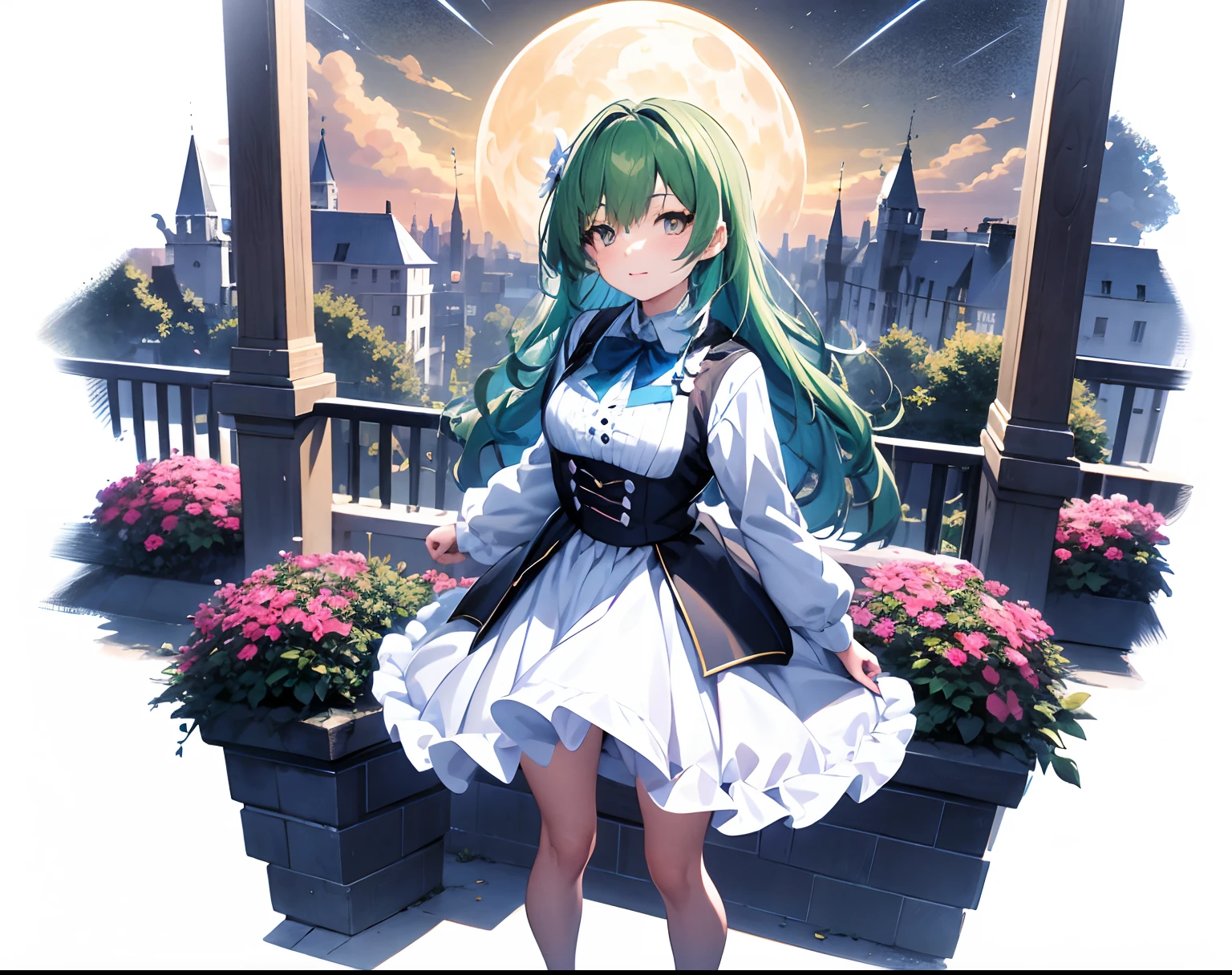 [(white background:1.5),::5] (isometric:1.0), double exposure, bubble, mid shot, full body, // tmasterpiece, best quality, 1girl, (colorful),(Delicate beautiful eyes and delicate face),cinematic lighting,bust shot,the Extremely Detailed CG Unity 8K Wallpapers，Castanhos escuros，long whitr hair，green-eyed，solo，ssmile，Delicate skirt，((flying petal)),(Flowery meadow) sky, cloudy_sky, building, moonlight,themoon，the night，（dark themes：1.3），optic，fanciful，looking at viewert，