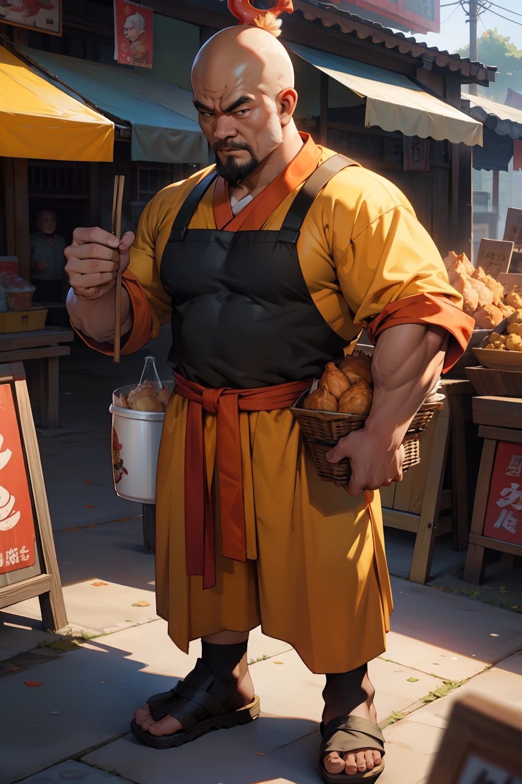 Gnome, muscular, fried chicken seller, wearing Shaolin monk costume