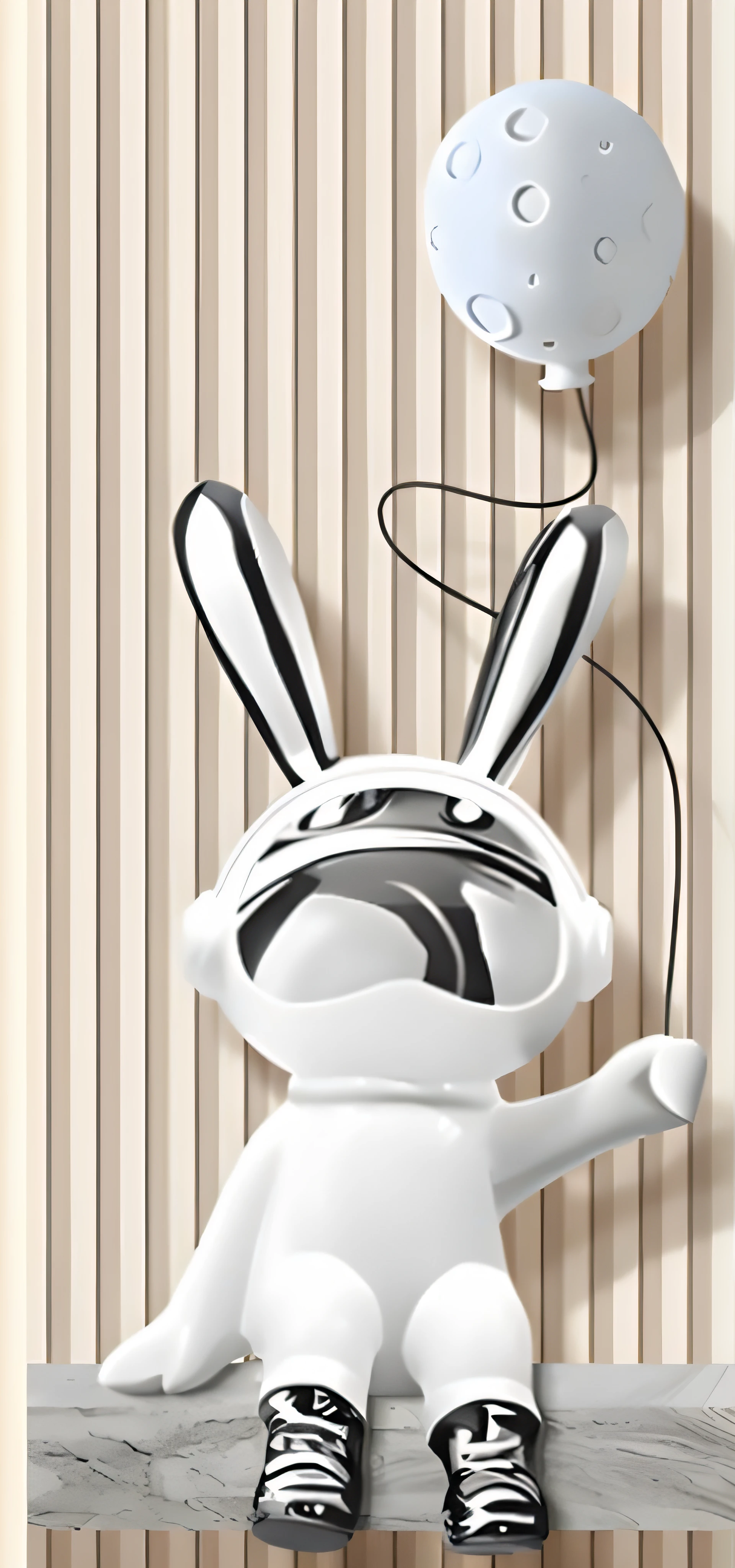 On the shelf is a small white rabbit with a balloon, ryohji hase, White rabbit, Rabbit, edgBunny_Character, portrait of a bugs bunny, bugs bunny, anthropomorphic rabbit, Rabbit_Bunny, a playboy bunny, vinyl designer toy, cute anthropomorphic bunny, the white rabbit, rayman raving rabbids, rabbit robot