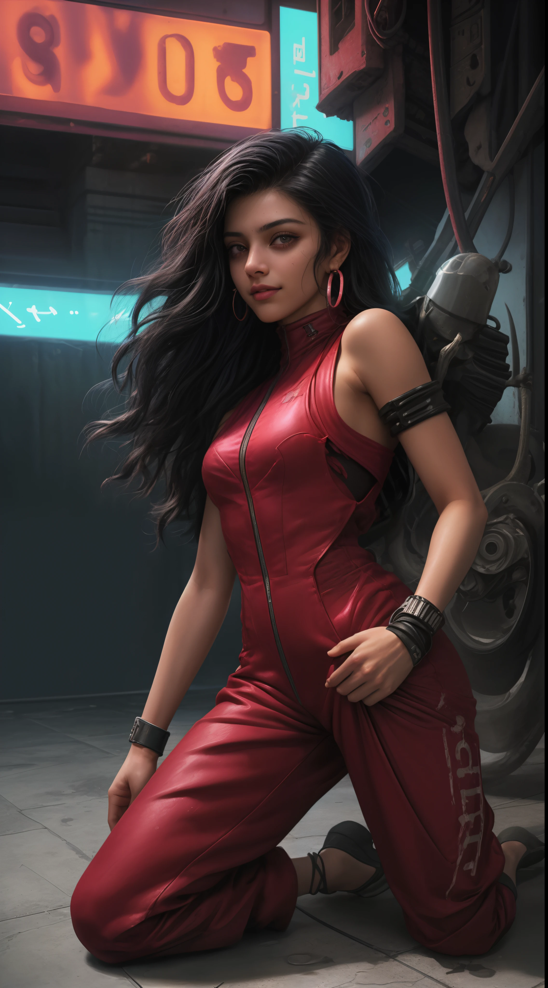 Closeup of 1 Egyptian girl smiling 18 years old profile ,close up angle, ferida, cabelo rabo de cavalo vermelho , Sexy short jumpsuit clothes,( torn shirtless jumpsuit),seios grandes , kneeling on the floor, (fundo cidade cyberpunk neon a noite) ,8K Ultra realista