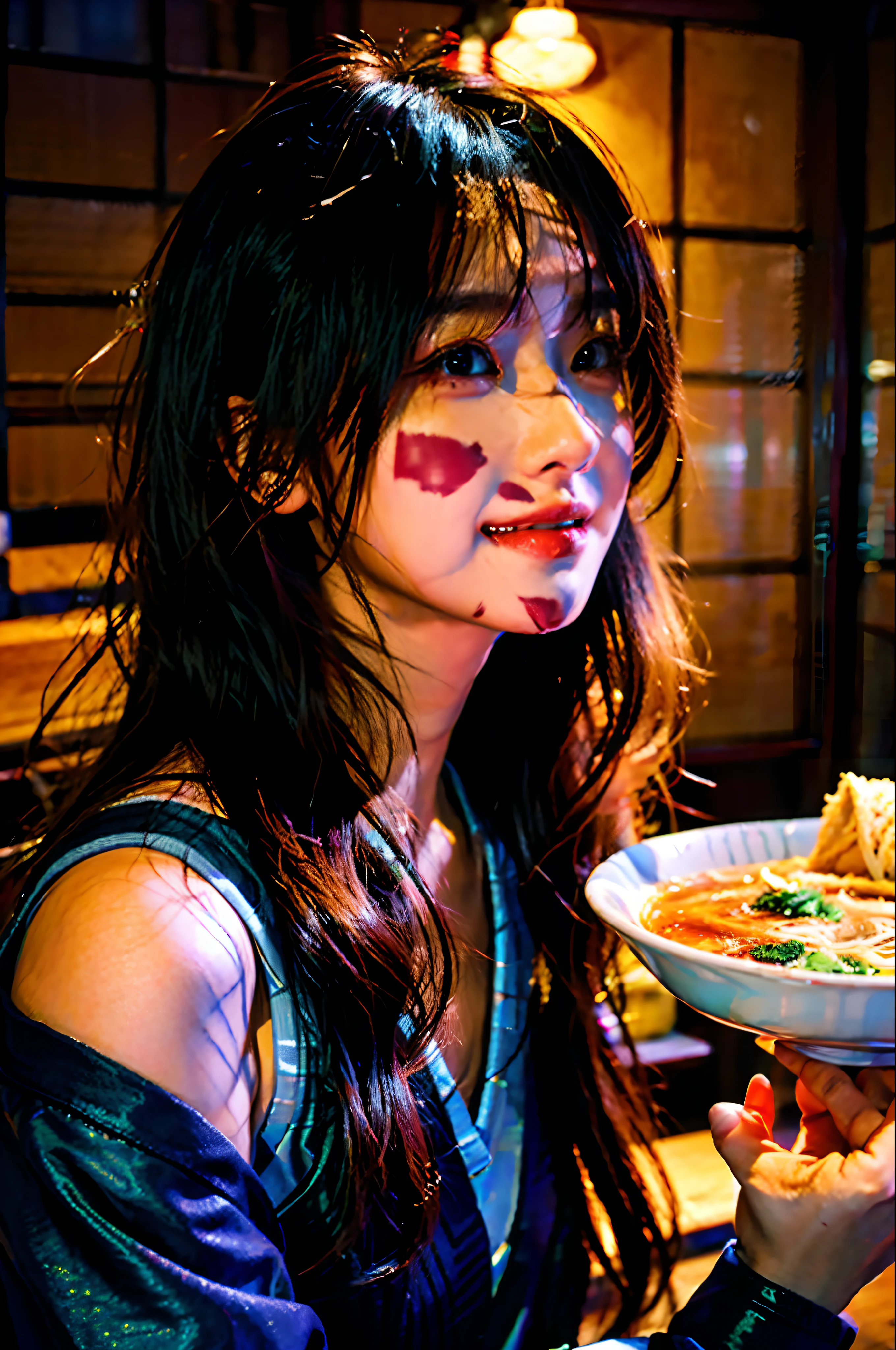 (tmasterpiece), best qualtiy, 超高分辨率, closeup cleavage, slimfigure, 1girl, 校服, long whitr hair, giggles, Ramen, the night, Tokyo restaurant background, Colorful lights, photon maping, Radio City, physically-based renderingt, cinmatic lighting, iintricate, high detal, sharp fokus, dramatics, 真实感，1girll， Space thriller movie poster， bauhause， shape， lineworks， abstracted
