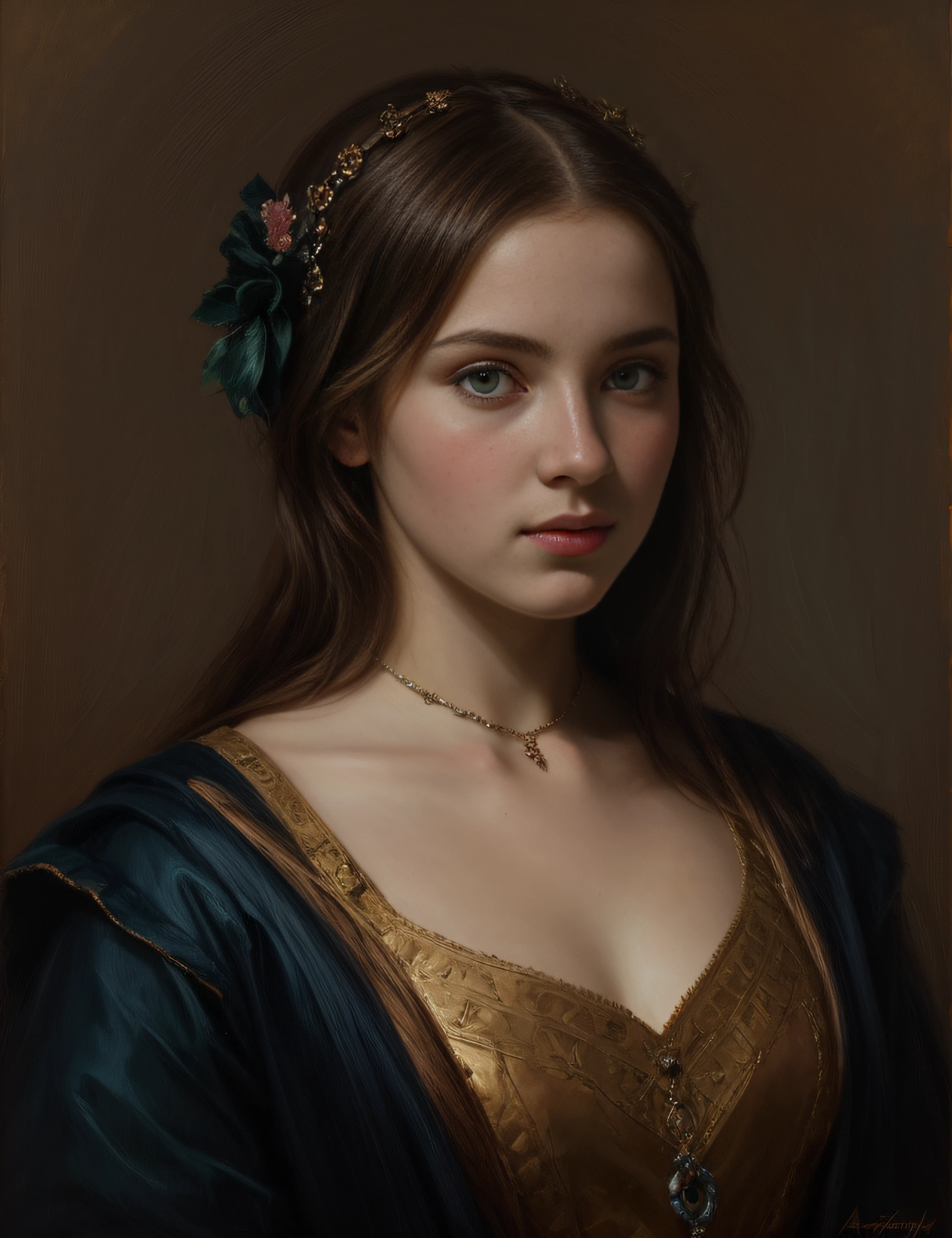 portrait, girl, middle ages, classicism, andrey atroshenko style, painting, traditional media, realistic, figurative, fine art, oil on canvas, HDR, 8K, original character, high resolution, high detail, focus on the face