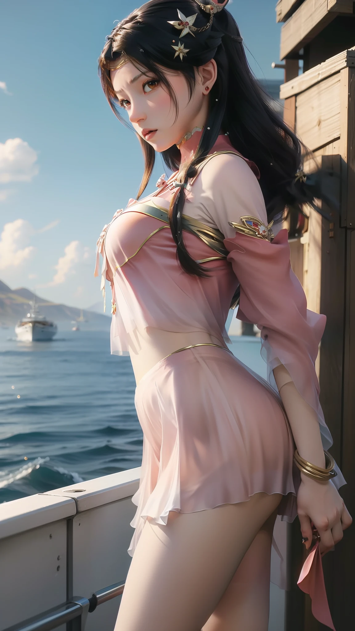 Close-up of a woman in a short skirt standing on a boat, Extremely detailed Artgerm, Range Murata and Artgerm, Style Artgerm, art-style, trending artgerm, beautiful and seductive anime woman, IG model | Art germ, Artistic germ style, 《overwatch》Anna, like artgerm