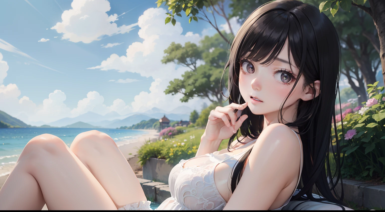 tmasterpiece，Best quality at best，beautiful countenance，Delicate pupils，looking at viewert，Extremely detailed skin，Extremely delicate flowing black hair，8K，1girll，Super-short top，Ultra shorts，Smooth and delicate thighs，Sit cross-legged on the ground，Hyper-detailed work，Delicate and beautiful，Drifting clouds，Dynamic lens