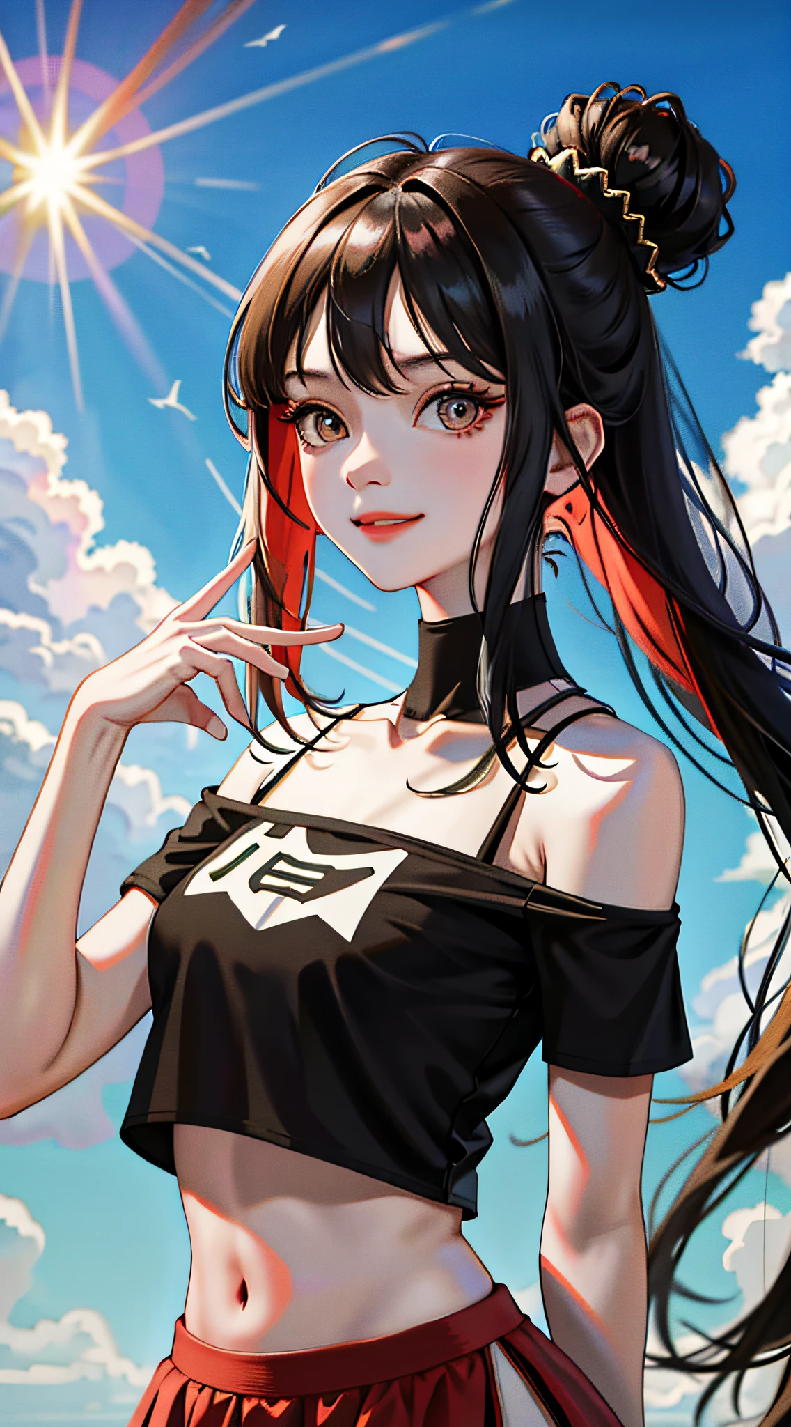(tmasterpiece,best qualtiy:1.4),1个Giant Breast Girl,Black off-the-shoulder T-shirt on the upper body,The bottom is a red miniskirt,looking at the audience smiling,rays of sunshine,mostly cloudy sky,