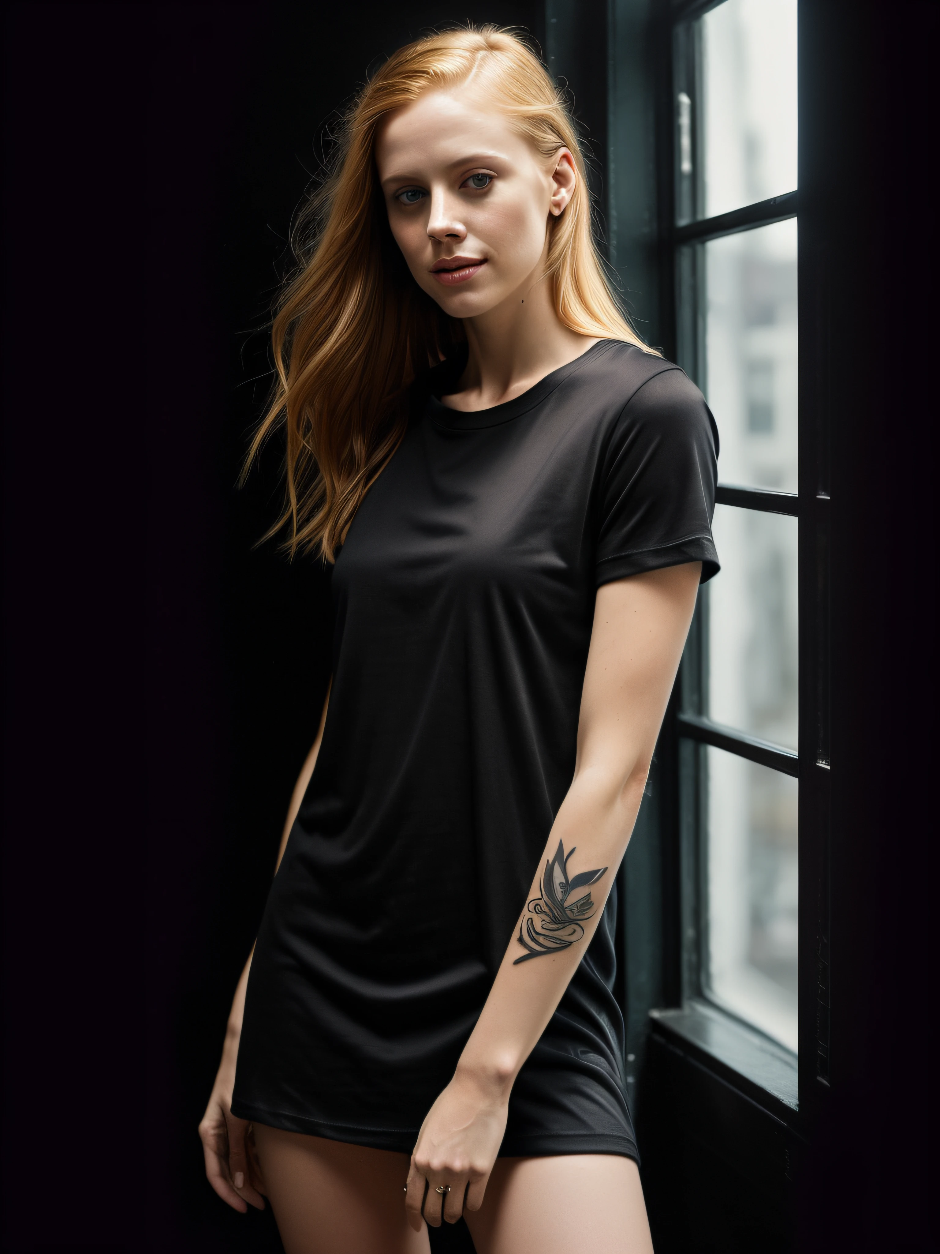 RAW photo, a close-up portrait photo, full body front view of 25 year old female, Deborah Ann Woll, (((wearing only a plain men's T-shirt as a dress))), (((round shirt collar, crew neck))), (((wearing only men's plain black large T-shirt))), (((men's plain black large T-shirt: 1.2))), (((short-sleeved T-shirt, men's large plain T-shirt))), (bare legs, leg showing , t-shirt covering legs), (((excited chest))), (((arm tattoos))), wavy red hair, short haircut, pale skin, slim and toned body, dream shot, dramatic pose, looking straight at camera, intense gaze, ((smile)), portrait, half body crop, half body shot, full body shot, ((from facing the camera, front view)), detailed skin texture, standing in the nightclub, (highly detailed skin: 1.2), 8k uhd, dslr, (((difuse uv lirht, soft uv lighting nightclub style, ultra viollet nightclub illumination))), high quality, film grain, Fujifilm XT3, (wallpaper 8k from extremely detailed CG unit), ((square jaw)), (well-defined jaw), (downturned lips), (detailed anatomy), hyper-realistic, trend in cgs society, intricate, high detail, sharp focus, Dramatic, Volumetric lighting, digital painting, intense, modelshoot style, (extremely detailed 8k wallpaper from CG unit), full body shot of the world's most beautiful artwork, pearlescent skin, Directed By: Jeremy Mann, trending on ArtStation , Photorealistic painting art by MidJourney