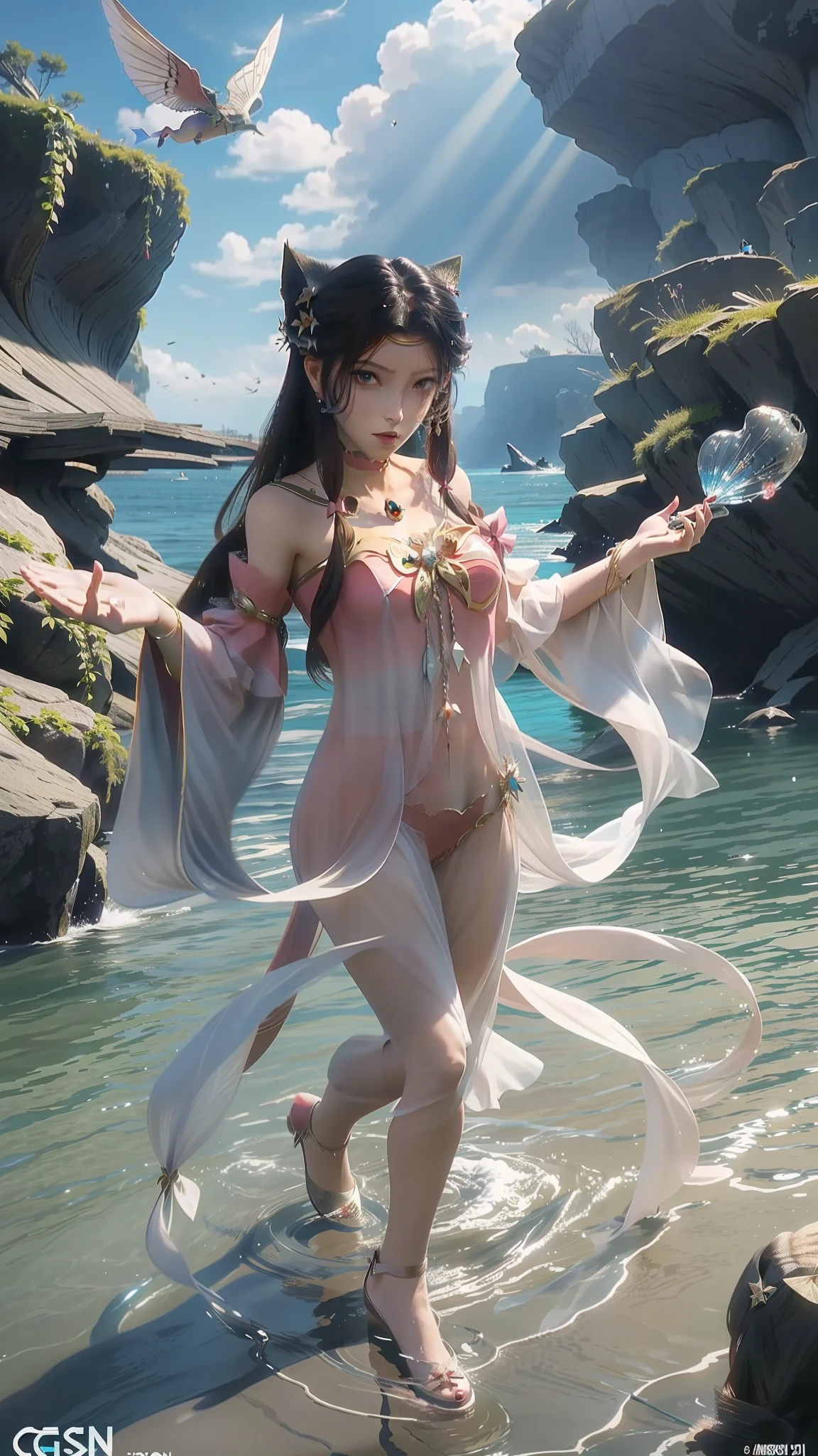 Arapei in a dress stands in the water, Anime girl walking on water, closeup fantasy with water magic, azur lane style, trending on cgstation, Anime girl cosplay, seraphine ahri kda, Splash art anime , trending at cgstation, realistic water, water fairy, WLOP and Sakimichan