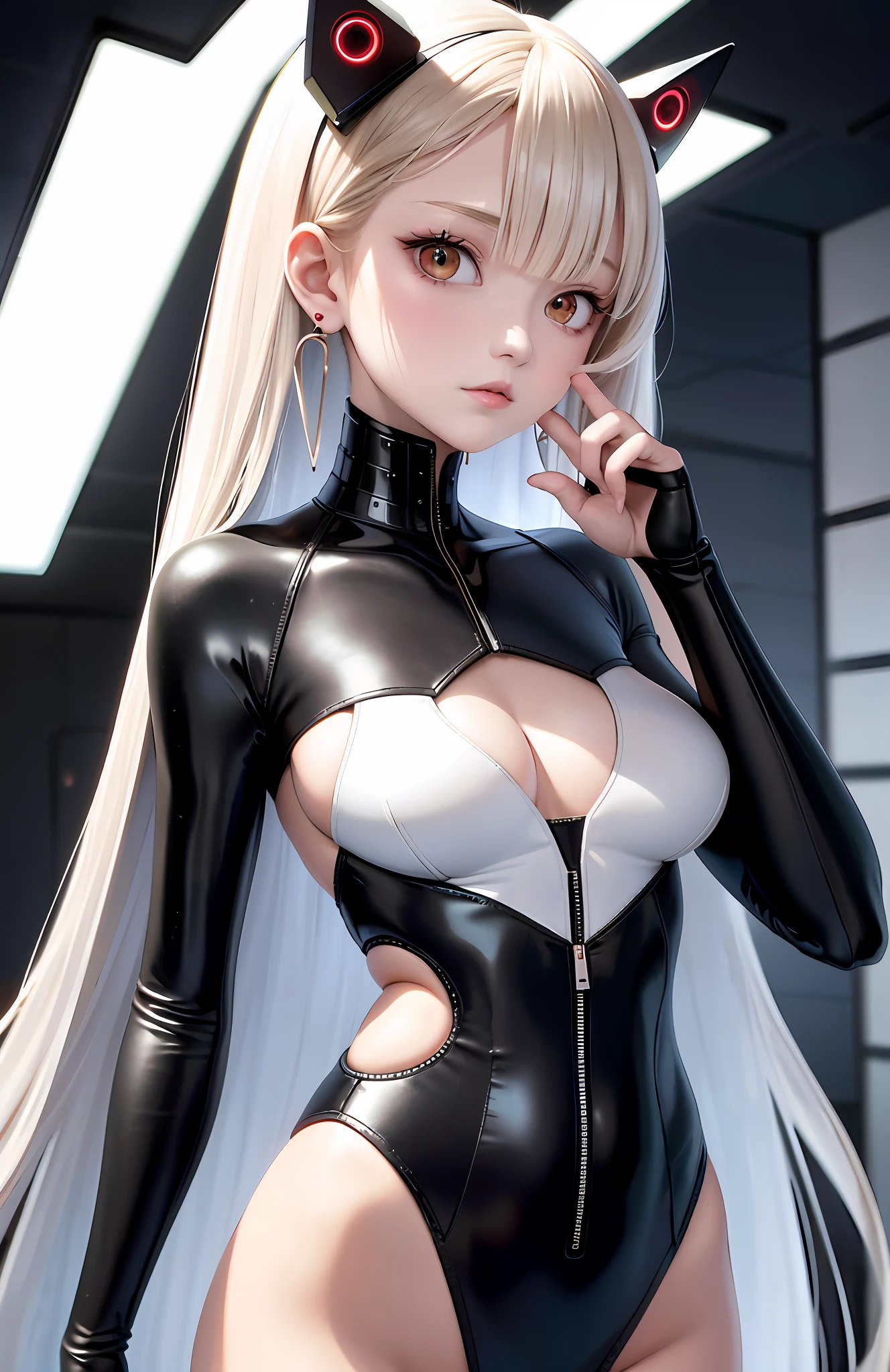 optimum，tmasterpiece，A high resolution，best qualtiy，hyper HD，super detailing，Award-Awarded，16k，独奏，（The upper part of the body），anatomy correct，Beautiful cyberpunk girl，Ex Machina，cute  face，high light，Gradient Beige Hair，Hairline，（（Scarlet eyes）），long eyelasher，Hanging eye corners，White skin of the，（small boobs），（Slim body），（（cape）），（（high-waist_Skirt）），（），ear studs，（neck rings），（Laser material clothing：1.2）