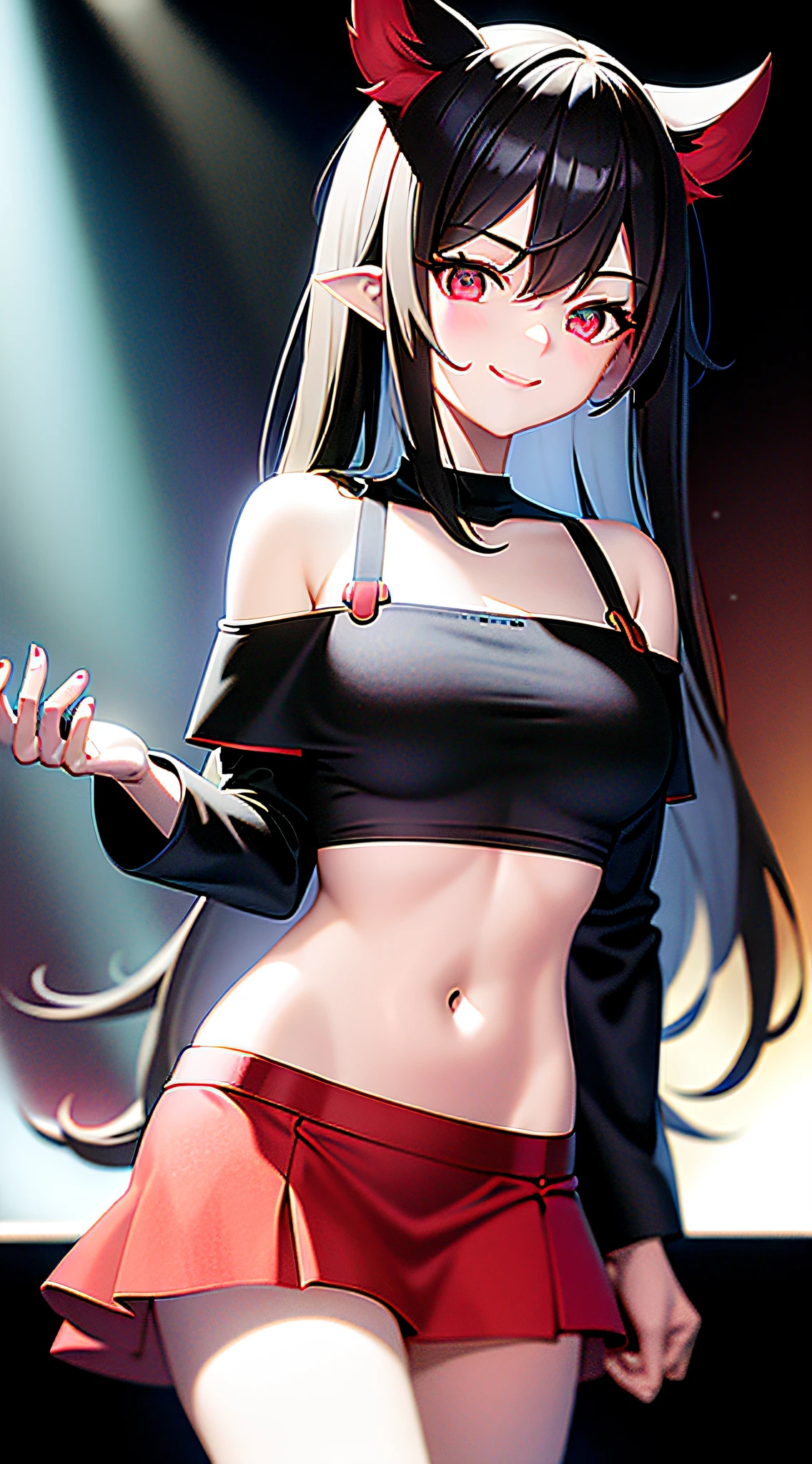 (tmasterpiece,best qualtiy:1.4),1个Giant Breast Girl,Black off-the-shoulder T-shirt on the upper body,The bottom is a red miniskirt,looking at the audience smiling,rays of sunshine,mostly cloudy sky,