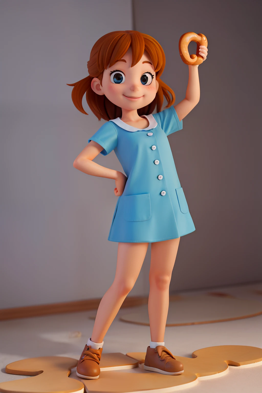 girl different pose with a pretzel, 3d, cartoon, simple, different pose, smile