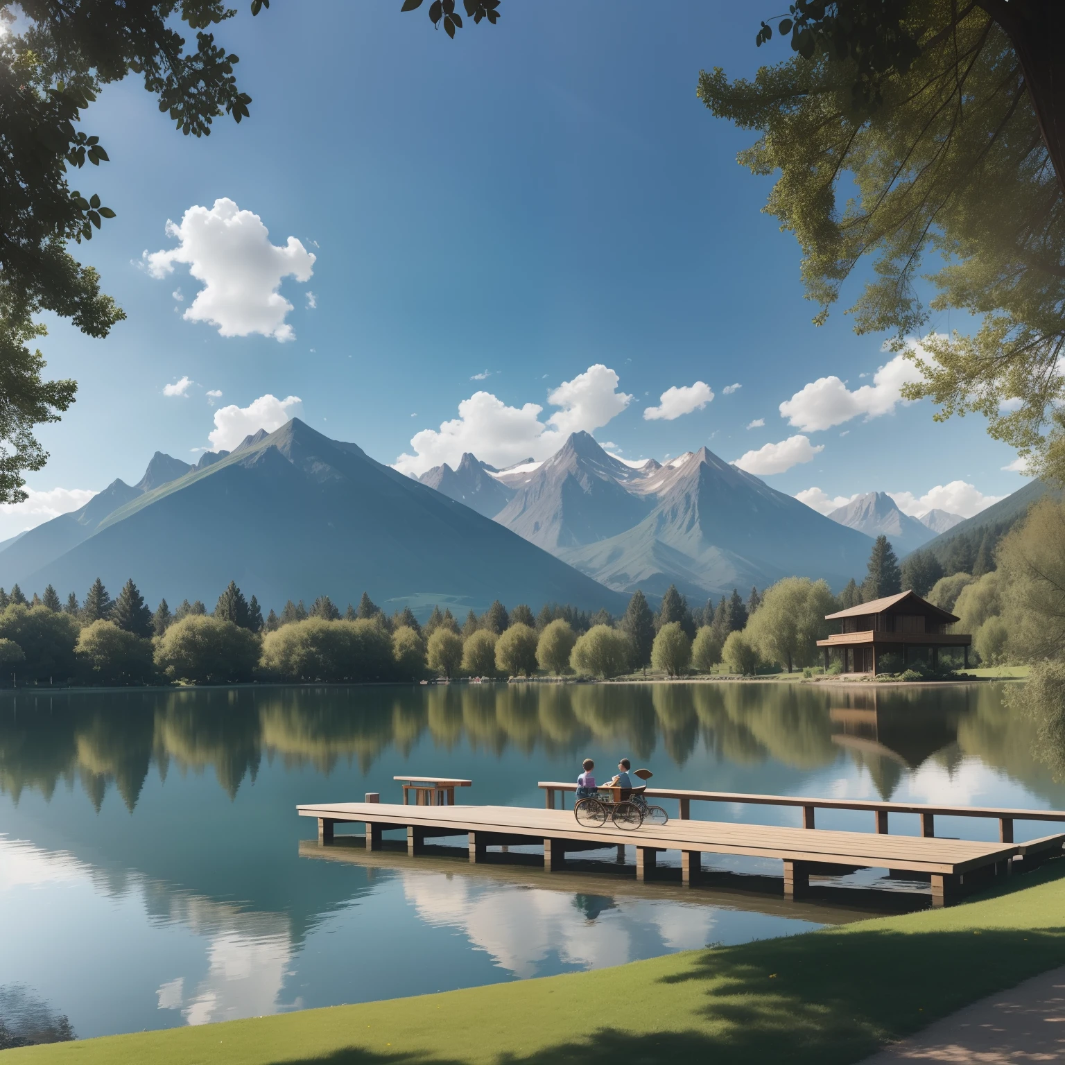 Park next to the city,There are people rowing on the artificial lake,There are children playing in the meadow by the lake,and the sun was shining brightly,Mountains in the distance,There is an island in the center of the lake,The island is connected to the shore by a wooden bridge,There are many trees in the park,There are gazebos