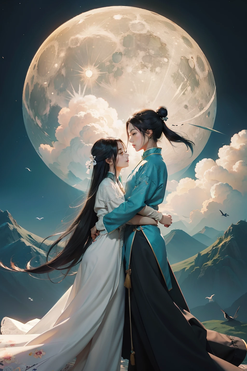 A couple, style bright sky, Moon, clouds, edge glow, traditional animation style dream illustrations, bright and dream scenes, Chinese style, abstract art, vector line illustrations, Surrealism --ar 3:4 50 --no bird --niji 5 --s 2