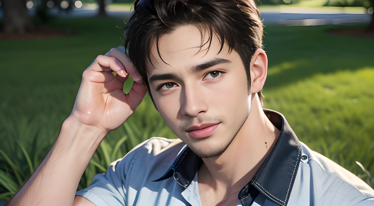 ((Men only)), (head shot), (face only), (handsome muscular man in his 20s), (on the lawn in the park), (Chris Redfield), (wearing dress shirt), (Mischievous smile), (detaile: 1 in 1), Natural muscles, HIG quality, beautidful eyes, (Detailed face and eyes), (Face、: 1 / 2), Noise, Real Photographics、... .................................................................................................................PSD, Sharp Focus, High resolution 8K, realisitic & Professional Photography, 8K UHD, Soft lighting, High quality, Film grain, FujifilmXT3