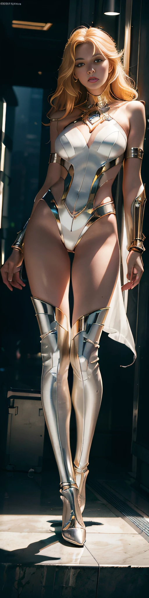 RAW, masterpiece, ultra thin photo, best quality, ultra high resolution, photorealistic, sunlight, full body portrait, incredibly beautiful, dynamic poses, delicate face, vibrant eyes, (side view), she is using a futuristic mechanism of the Amazon Woman, golden yellow eyes, multicolored hair, futuristic metropolis background, High-tech, highly detailed, detailed face, detailed and complex busy background, gorgeous, milky white, Highly detailed skin, realistic skin details, visible pores, sharp focus, volumetric mist, moonlight night, 8k UHD, DSLR camera, high quality, film grain, fair skin, photorealism, lomography, expanding metropolis in futuristic dystopia, view from below, translucent
