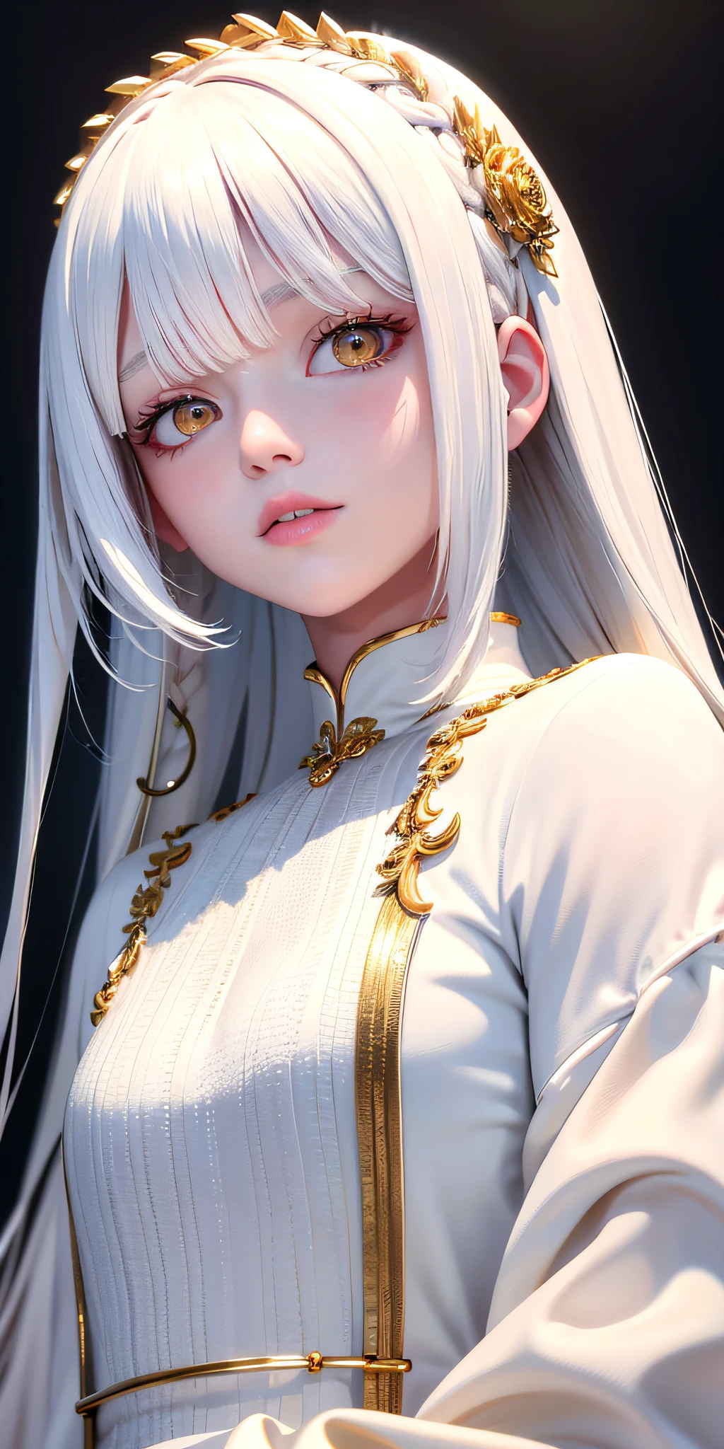 best quality, masterpiece,white hair, gold eyes,white clothes, looking up, upper body,hair strand,Fair skin,side braids
