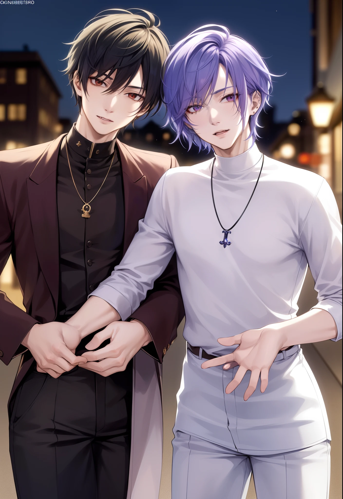 masterpiece, top-quality, 2Others, Male couple, 1 man and 1,, Adults, Height difference, different fashion, different color, finely eye and detailed face, intricate detailes, Casual clothing, Oversized shirt, Modern urban streets, A smile, Happiness, tenderness, queers, high-level image quality、 Two beautiful men、tall、The upper part of the body、nightfall、nighttime scene、𝓡𝓸𝓶𝓪𝓷𝓽𝓲𝓬、Kissing, Korean Male, Idol Photos, k pop, Professional Photos, Vampires, Korean fashion in black and white, Fedoman with necklace, inspired by Sim Sa-jeong, androgynous vampire, :9 detailed face: 8, extra detailed face, detailed punk hair, ((eyes are brown)) baggy eyes, Seductive. Highly detailed, semi realistic anime, Vampires, hyperrealistic , delicate androgynous prince, imvu, short hair above the ears, Man with short hair, Purple-haired man with a glaring expression and a man with light blue hair with a gentle expression, With a short-haired man with bright purple hair, Man with light blue hair