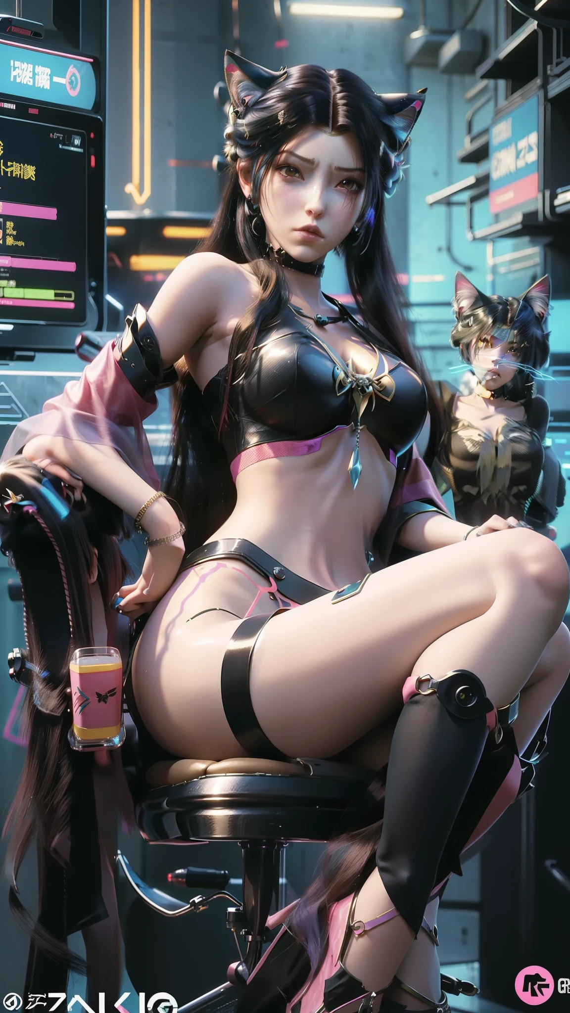 There is a woman sitting on a chair，Wearing a cat's costume, cyberpunk anime girl, female cyberpunk anime girl, cyber school girl, Cyberpunk 2 0 y. o model girl, dreamy cyberpunk girl, Digital cyberpunk anime art, muted cyberpunk style, Cyberpunk costumes, anime cyberpunk art, trending on cgstation, cyberpunk anime girl mech, cyberpunk anime art, cyberpunk femme fatale