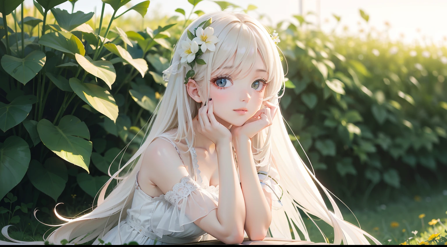 (masterpiece, best quality),1girl with long white hair sitting in a field of green plants and flowers, her hand under her chin, warm lighting, white dress, blurry foreground