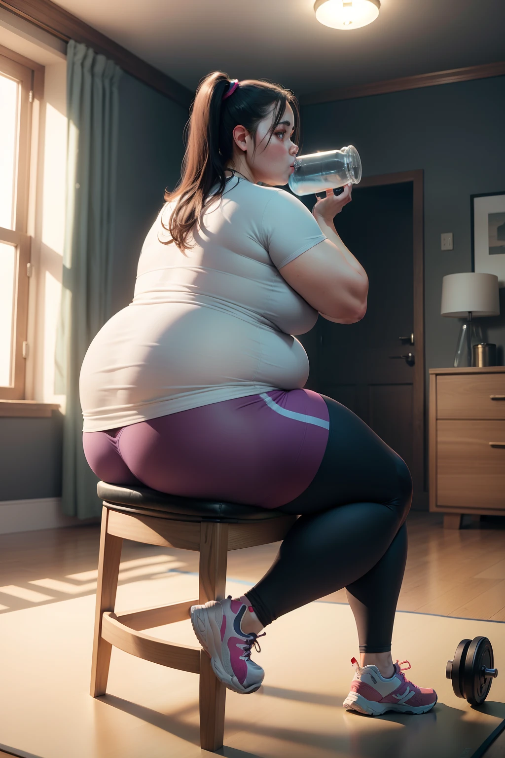 Fat woman performing squats using a sturdy chair for support. Cozy living room environment. Upright posture and focus on training. With an exercise mat and a bottle of water on the side. Ultra realistic, 8k, Full HD.