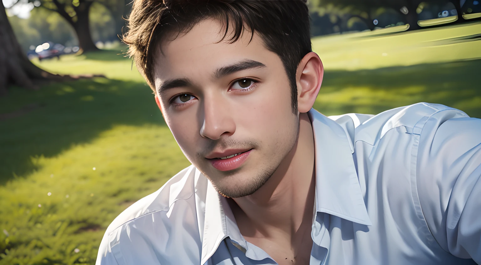 ((Men only)), (head shot), (face only), (handsome muscular man in his 20s), (on the lawn in the park), (Chris Redfield), (wearing dress shirt), (Mischievous smile), (detaile: 1 in 1), Natural muscles, HIG quality, beautidful eyes, (Detailed face and eyes), (Face、: 1 / 2), Noise, Real Photographics、... .................................................................................................................PSD, Sharp Focus, High resolution 8K, realisitic & Professional Photography, 8K UHD, Soft lighting, High quality, Film grain, FujifilmXT3